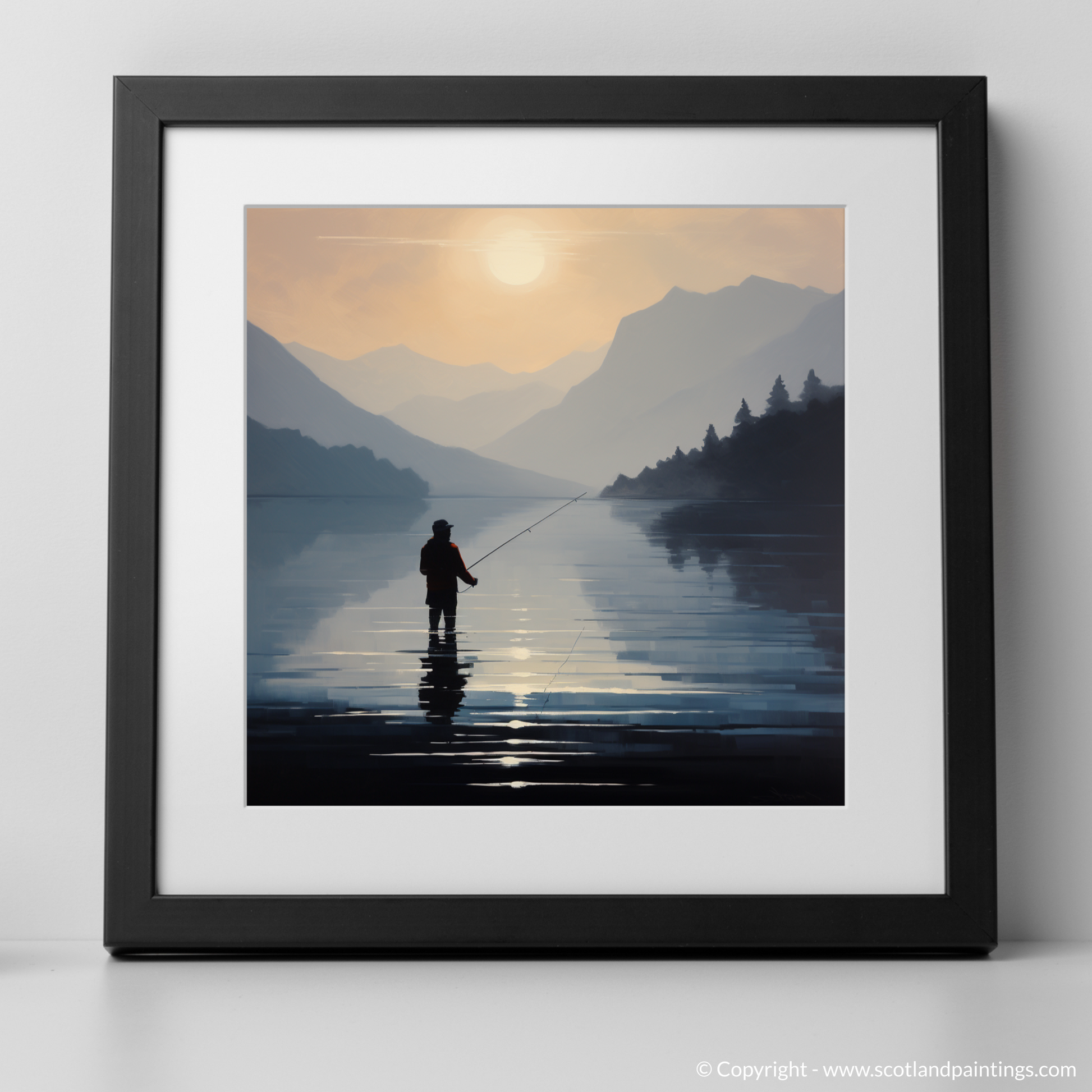 Art Print of Silhouetted fisherman on Loch Lomond with a black frame