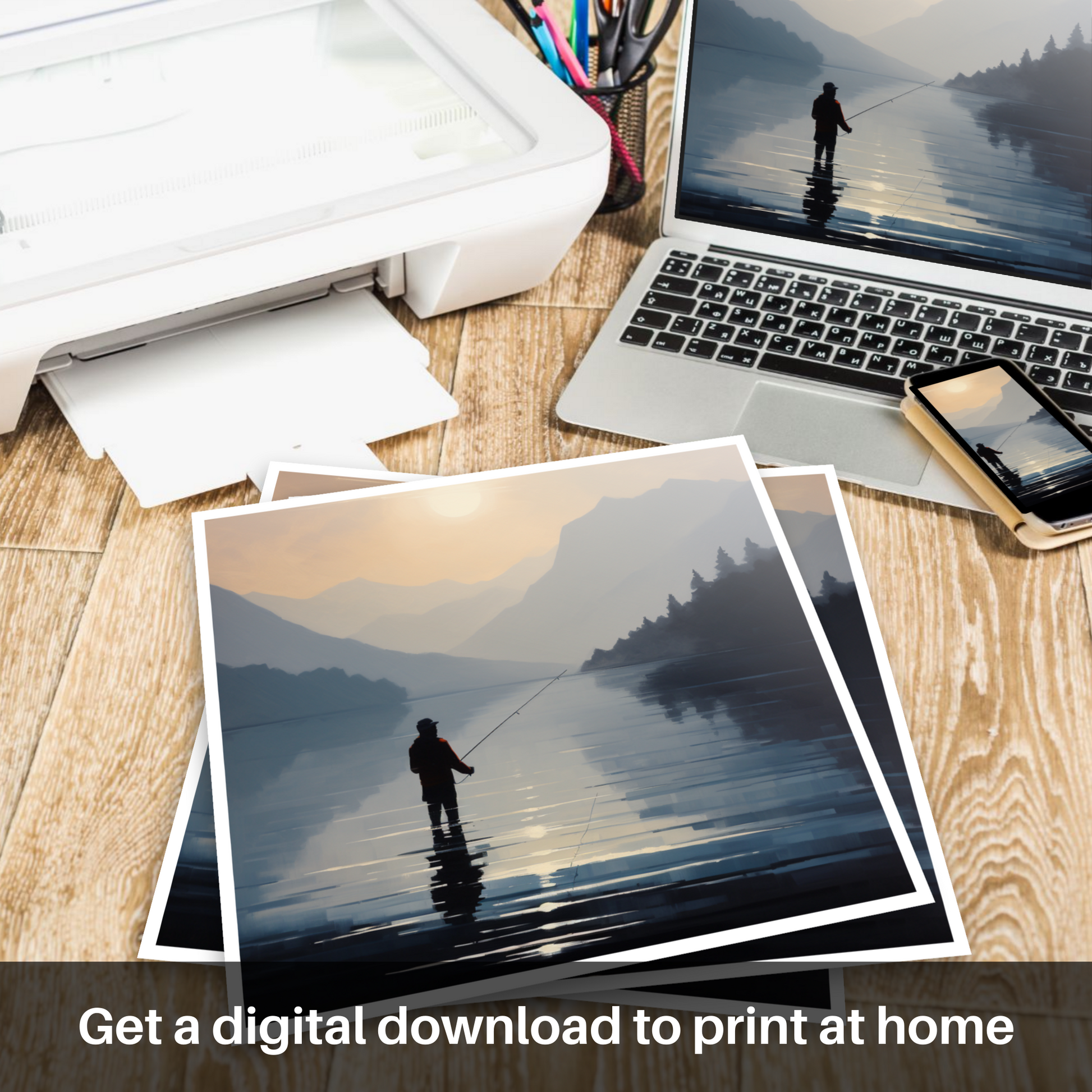 Downloadable and printable picture of Silhouetted fisherman on Loch Lomond