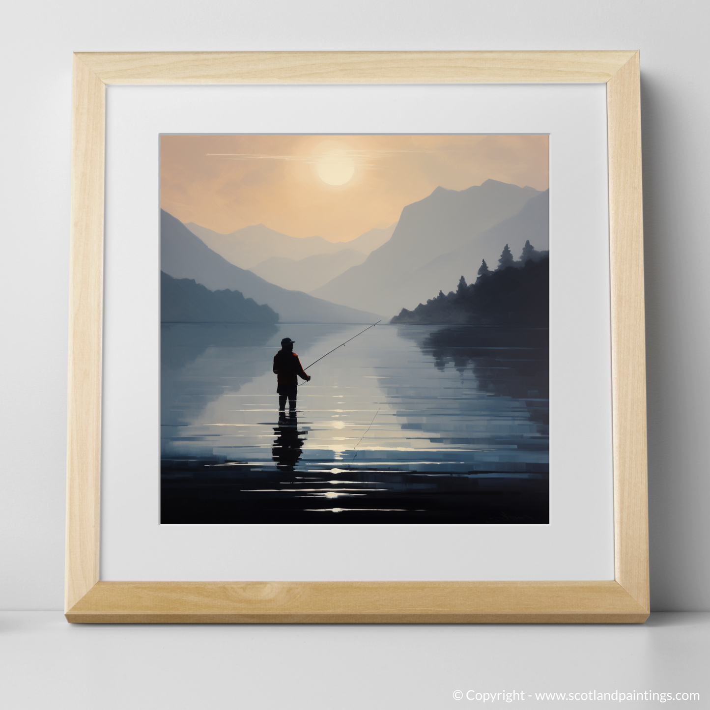 Art Print of Silhouetted fisherman on Loch Lomond with a natural frame