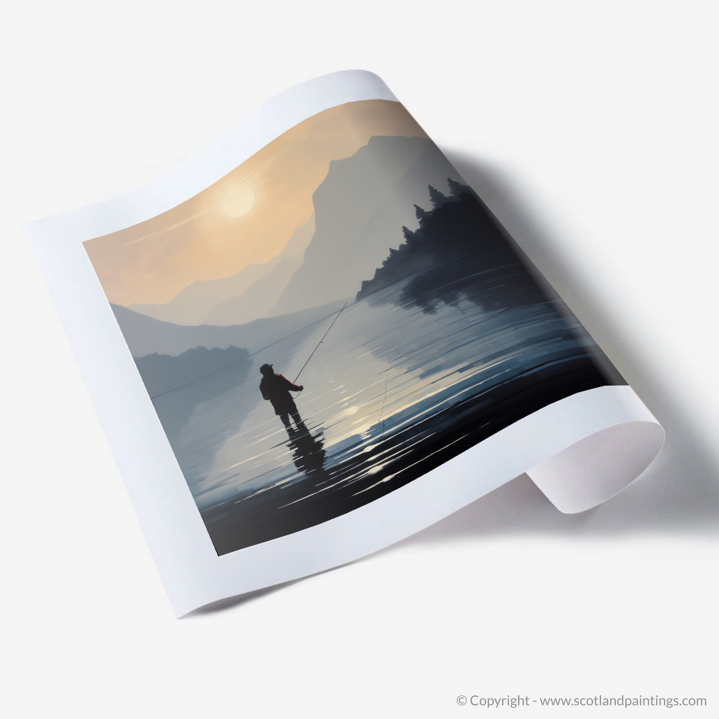 Art Print of Silhouetted fisherman on Loch Lomond