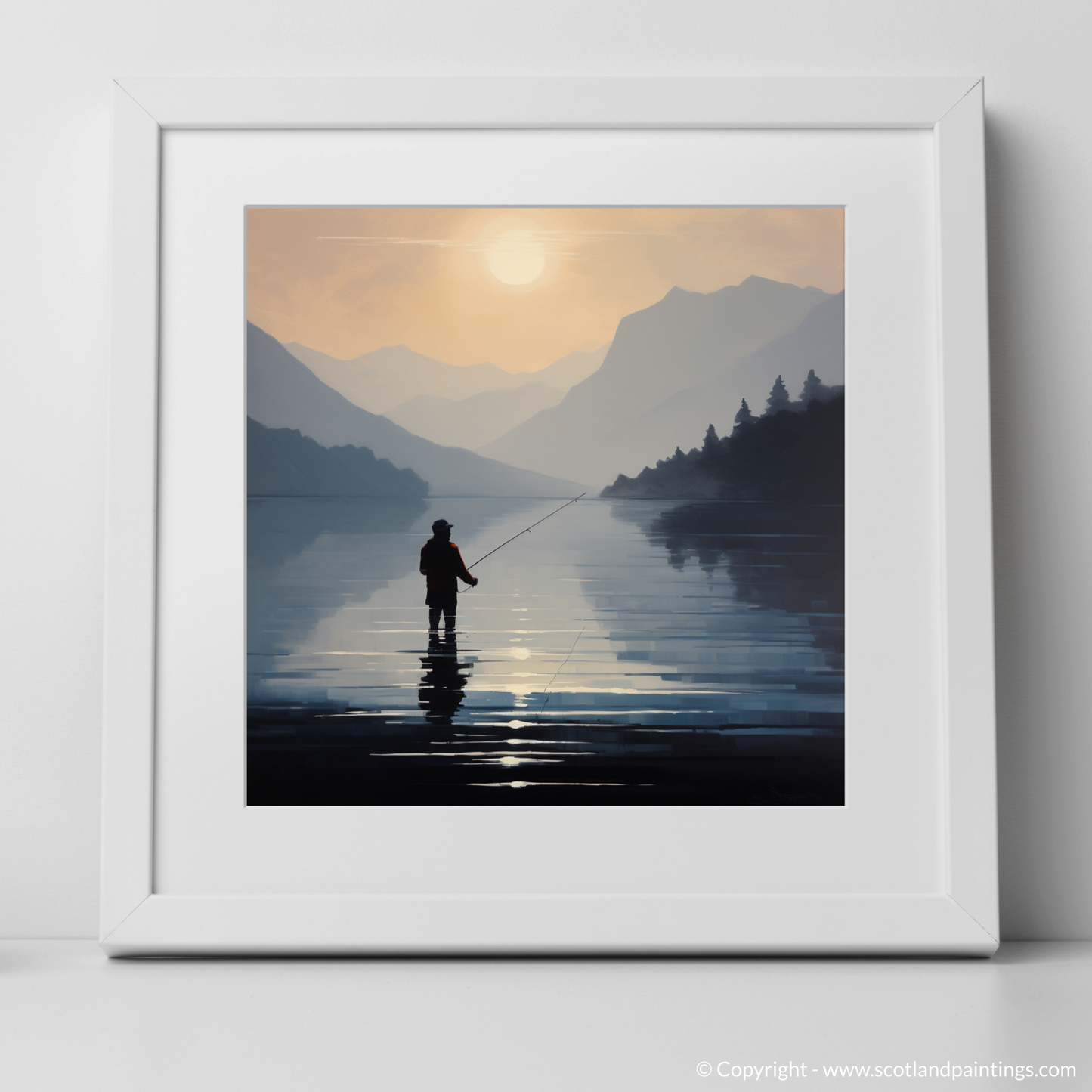 Art Print of Silhouetted fisherman on Loch Lomond with a white frame