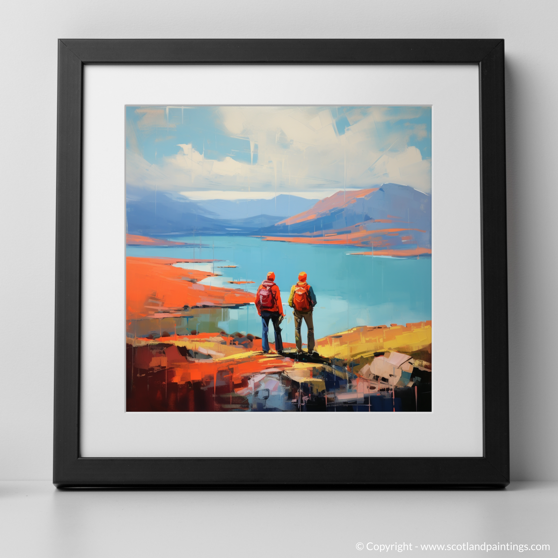 Art Print of Two hikers looking out on Loch Lomond with a black frame