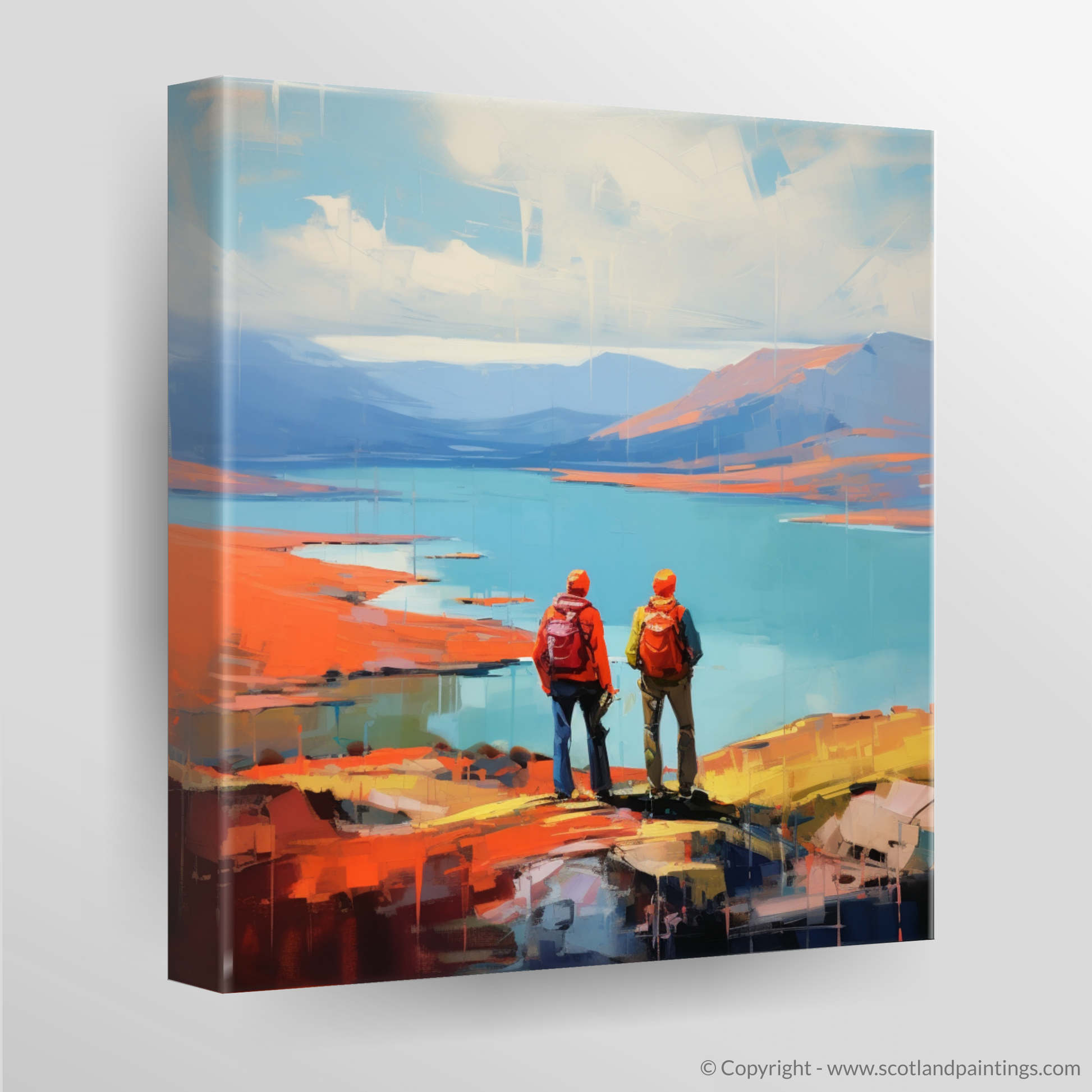 Canvas Print of Two hikers looking out on Loch Lomond