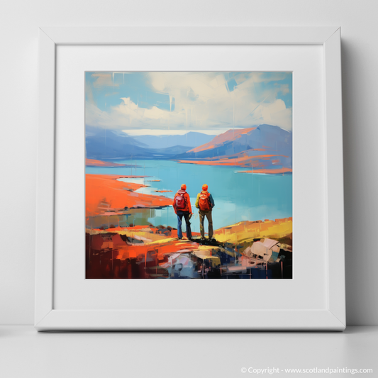 Art Print of Two hikers looking out on Loch Lomond with a white frame