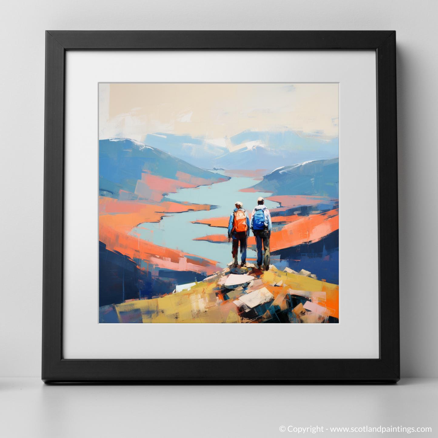 Art Print of Two hikers looking out on Loch Lomond with a black frame