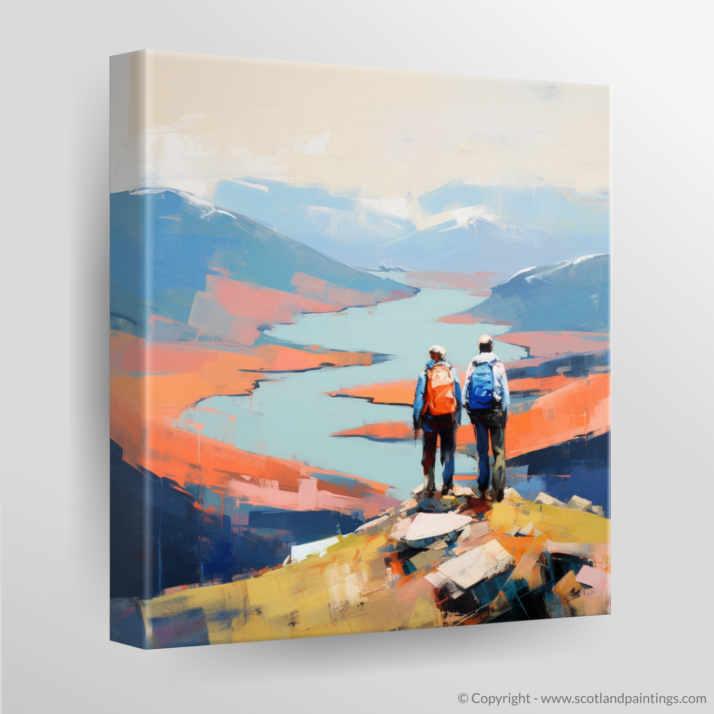 Canvas Print of Two hikers looking out on Loch Lomond