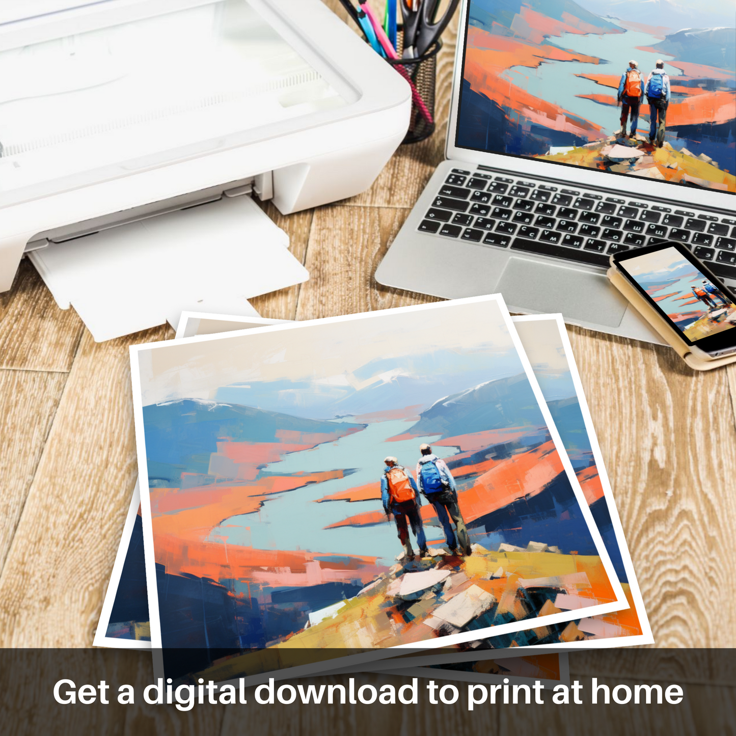 Downloadable and printable picture of Two hikers looking out on Loch Lomond