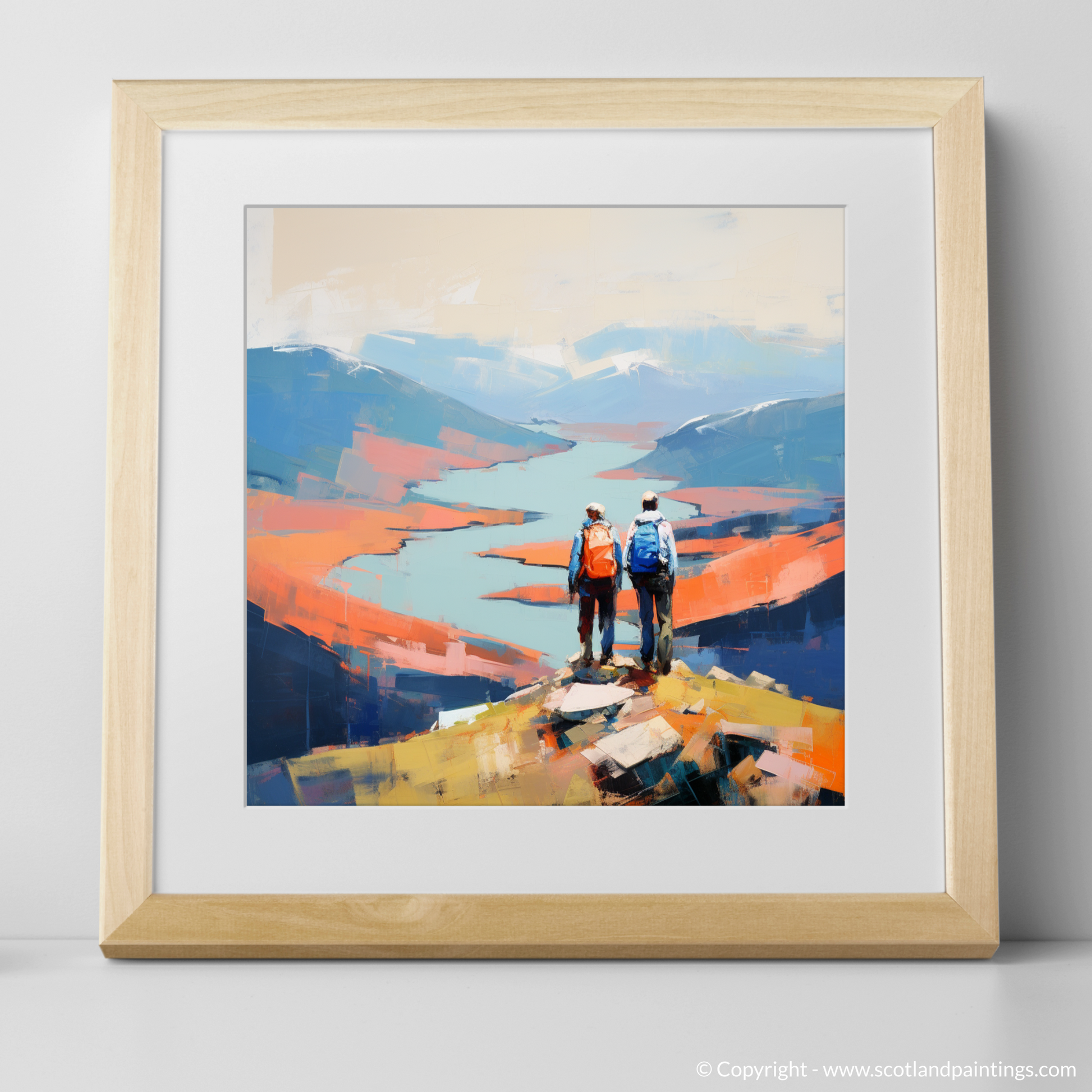 Art Print of Two hikers looking out on Loch Lomond with a natural frame