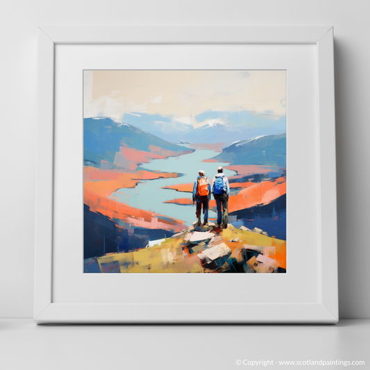 Art Print of Two hikers looking out on Loch Lomond with a white frame