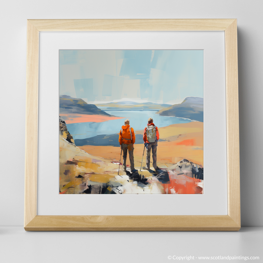 Art Print of Two hikers looking out on Loch Lomond with a natural frame