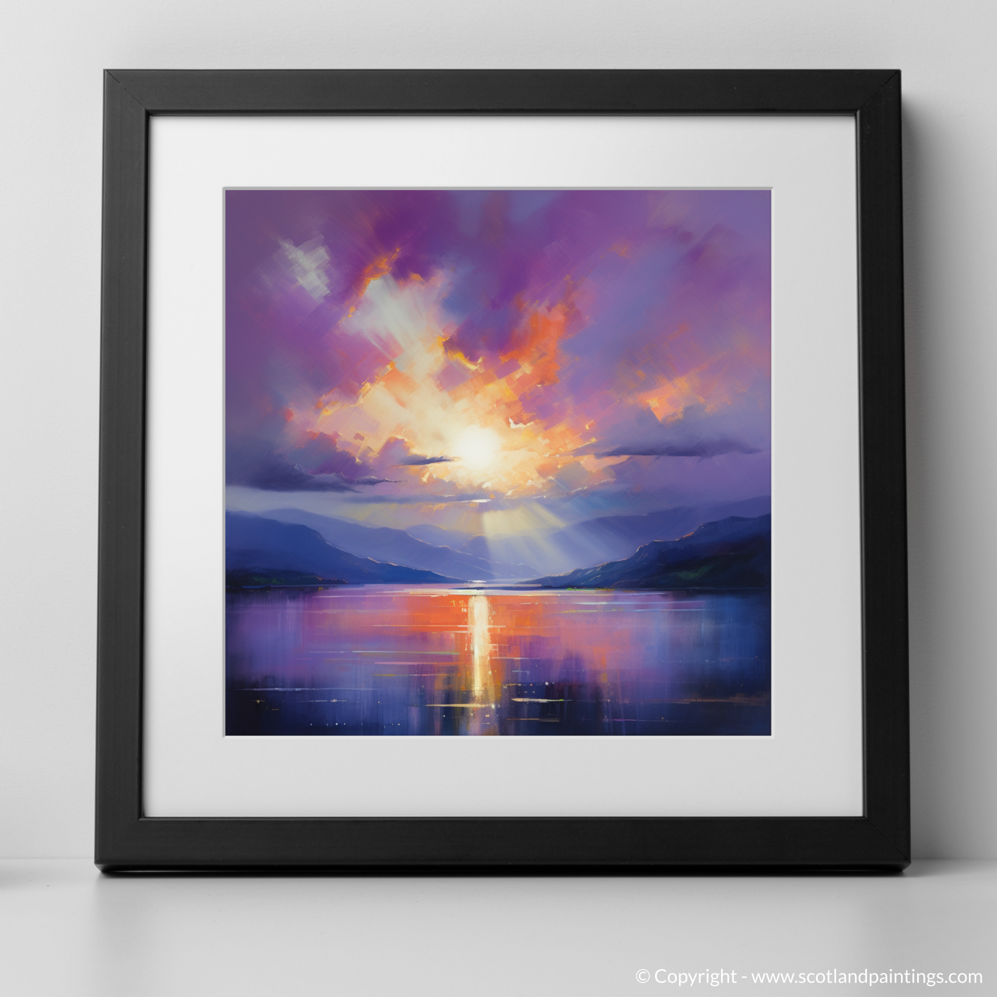 Art Print of Crepuscular rays above Loch Lomond with a black frame
