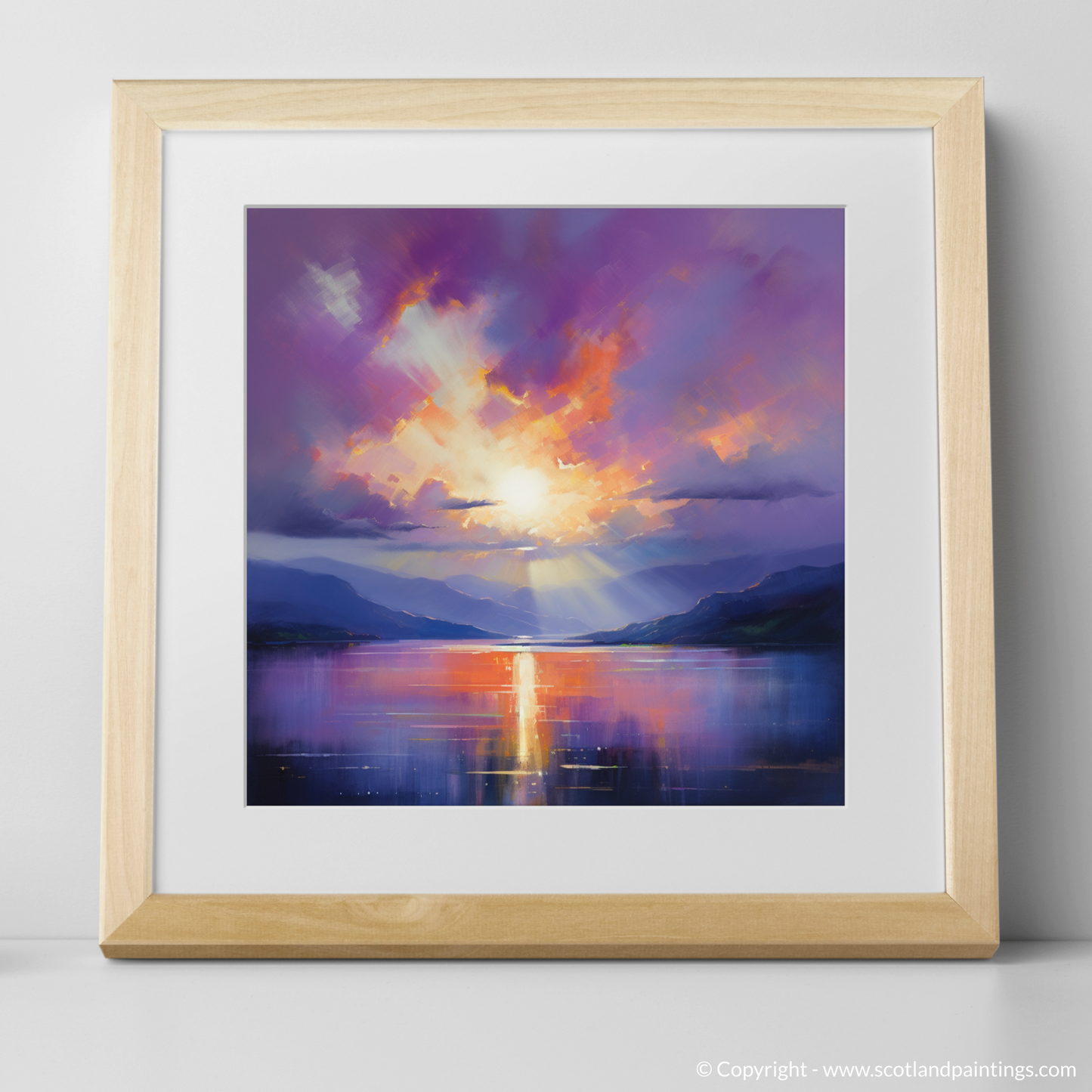 Art Print of Crepuscular rays above Loch Lomond with a natural frame