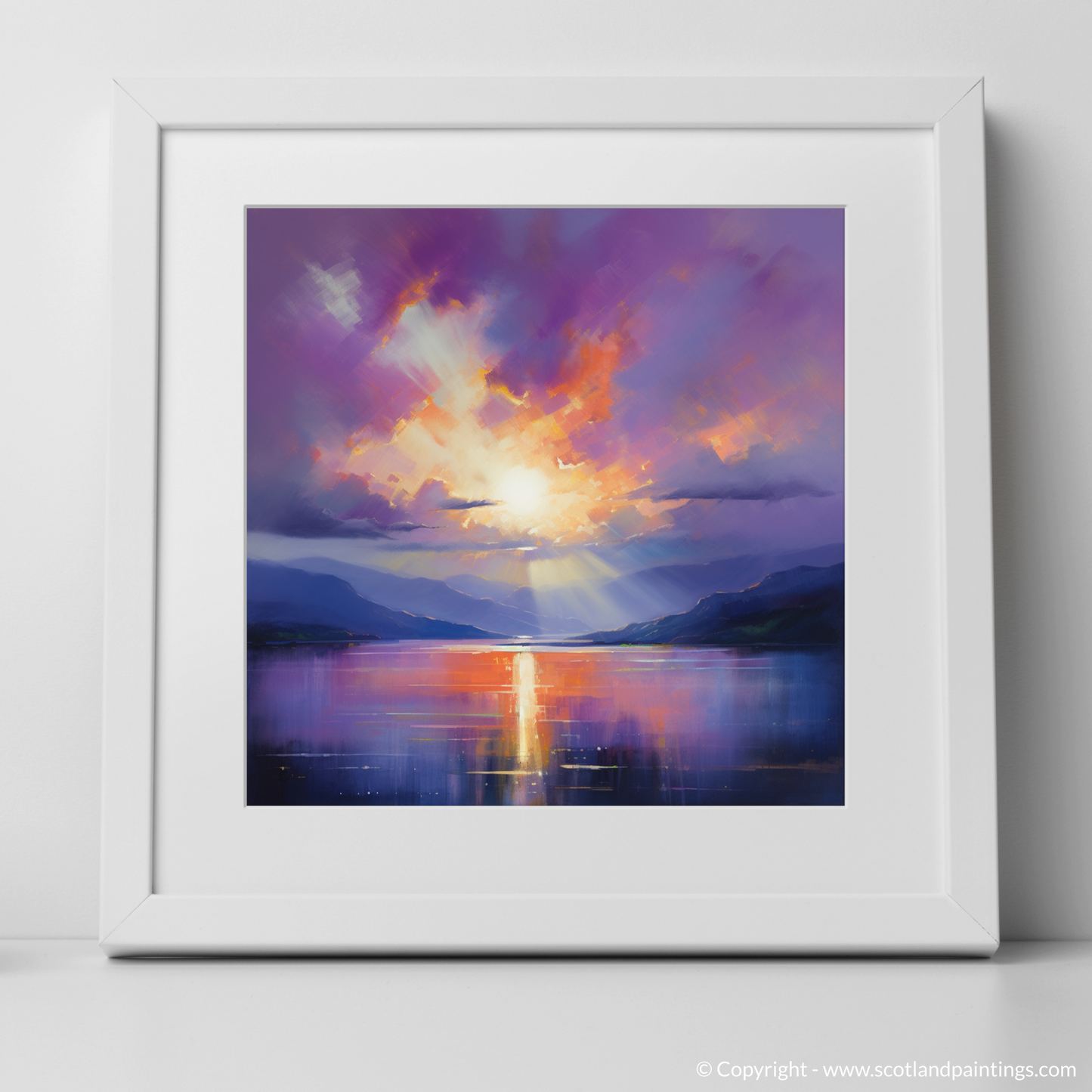 Art Print of Crepuscular rays above Loch Lomond with a white frame