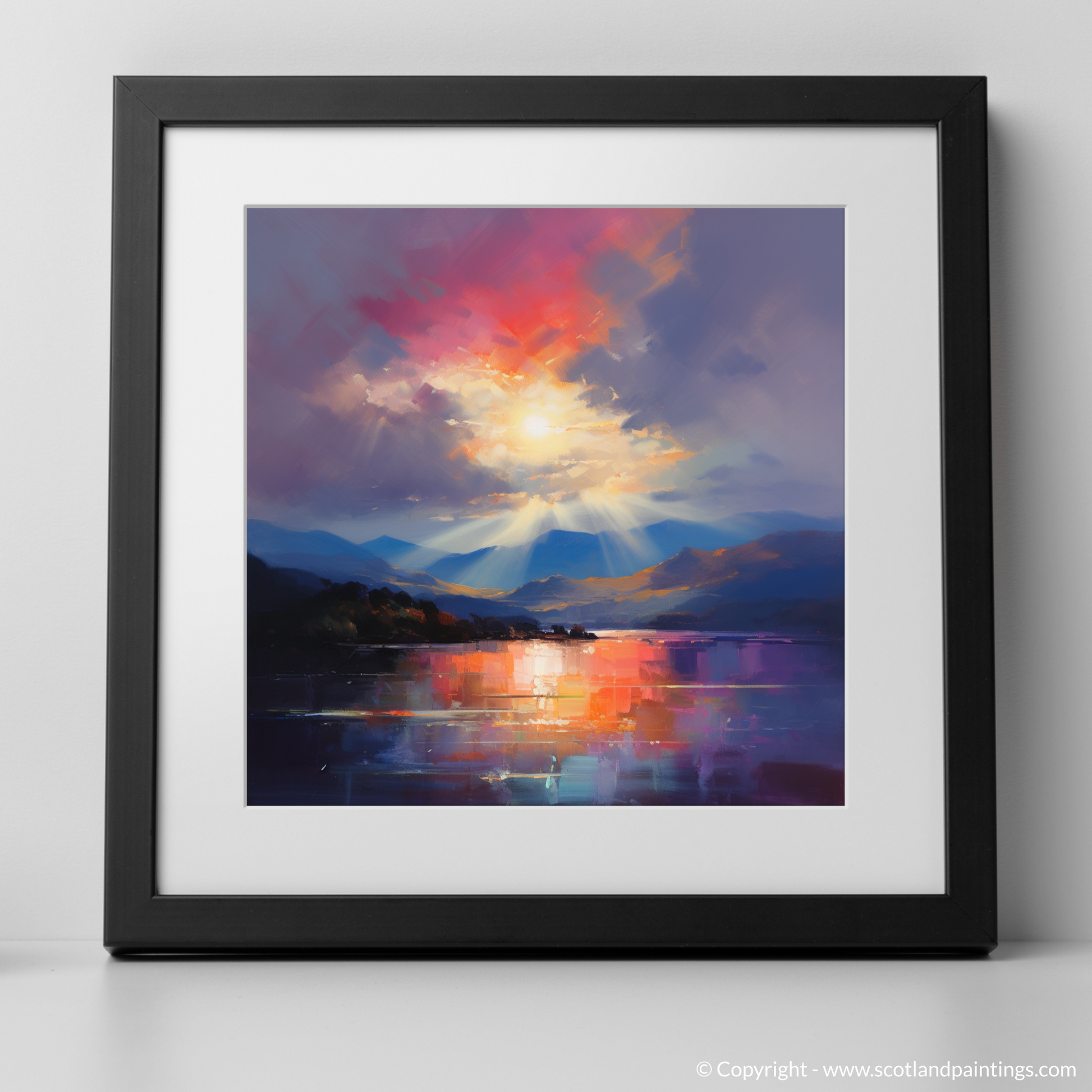 Art Print of Crepuscular rays above Loch Lomond with a black frame