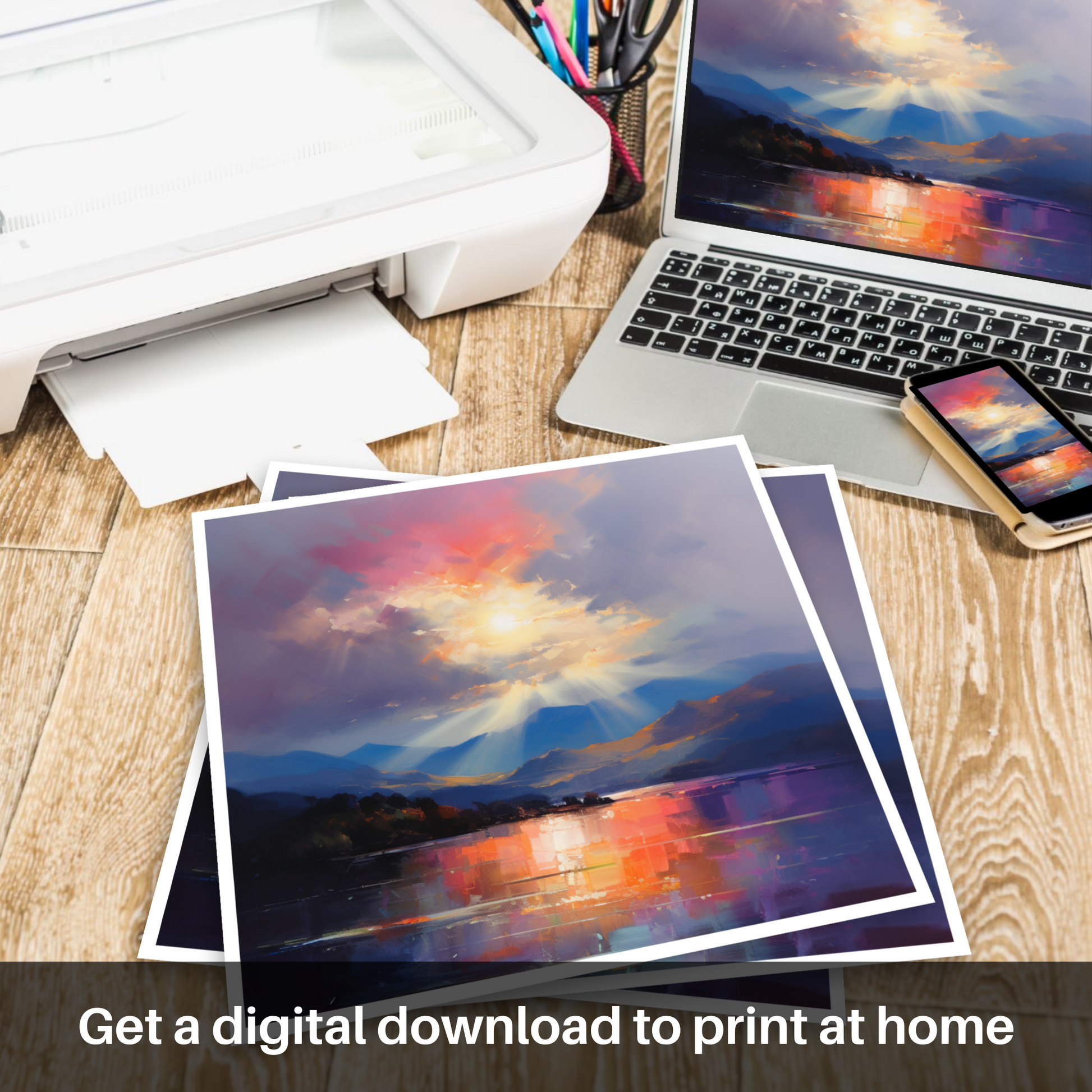 Downloadable and printable picture of Crepuscular rays above Loch Lomond