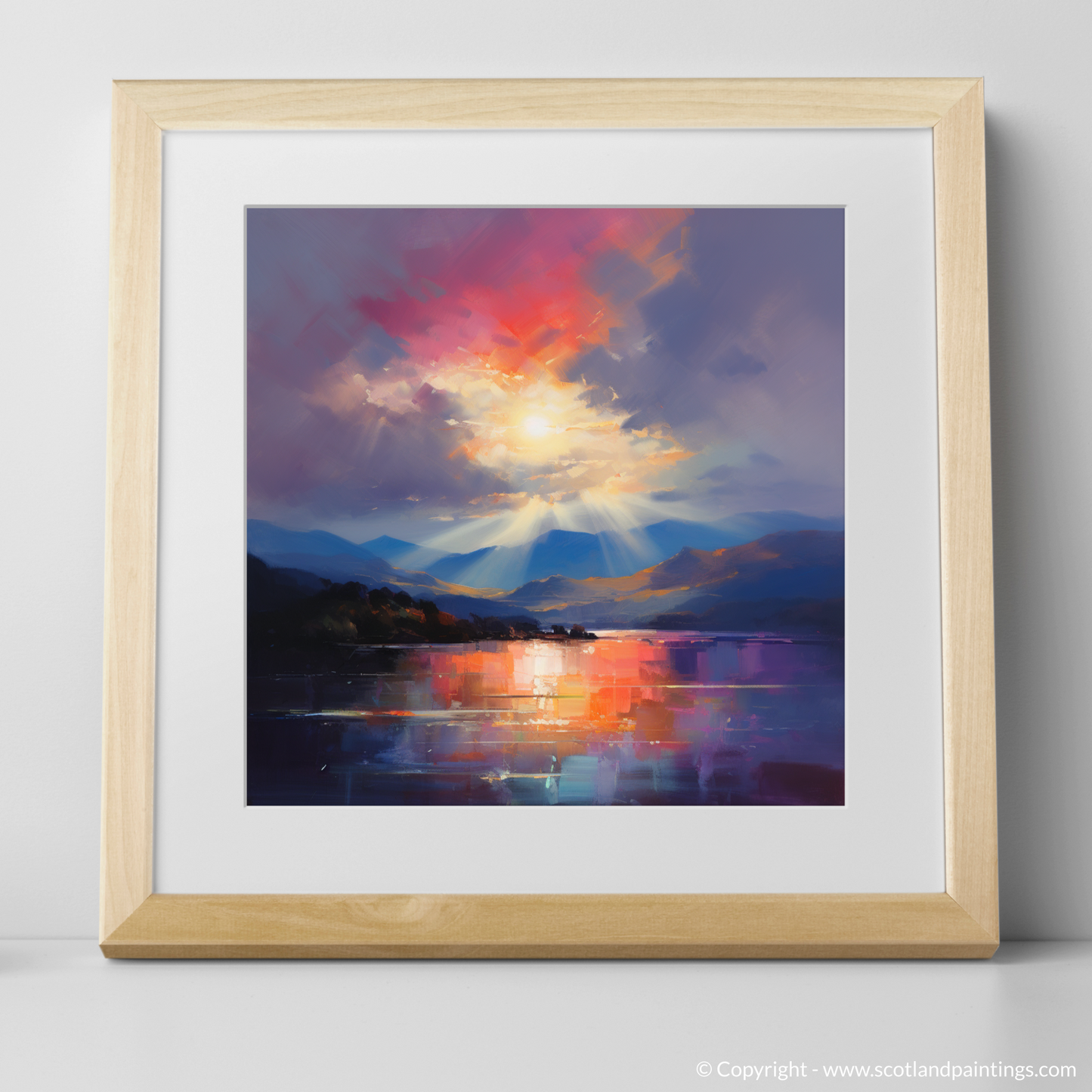 Art Print of Crepuscular rays above Loch Lomond with a natural frame