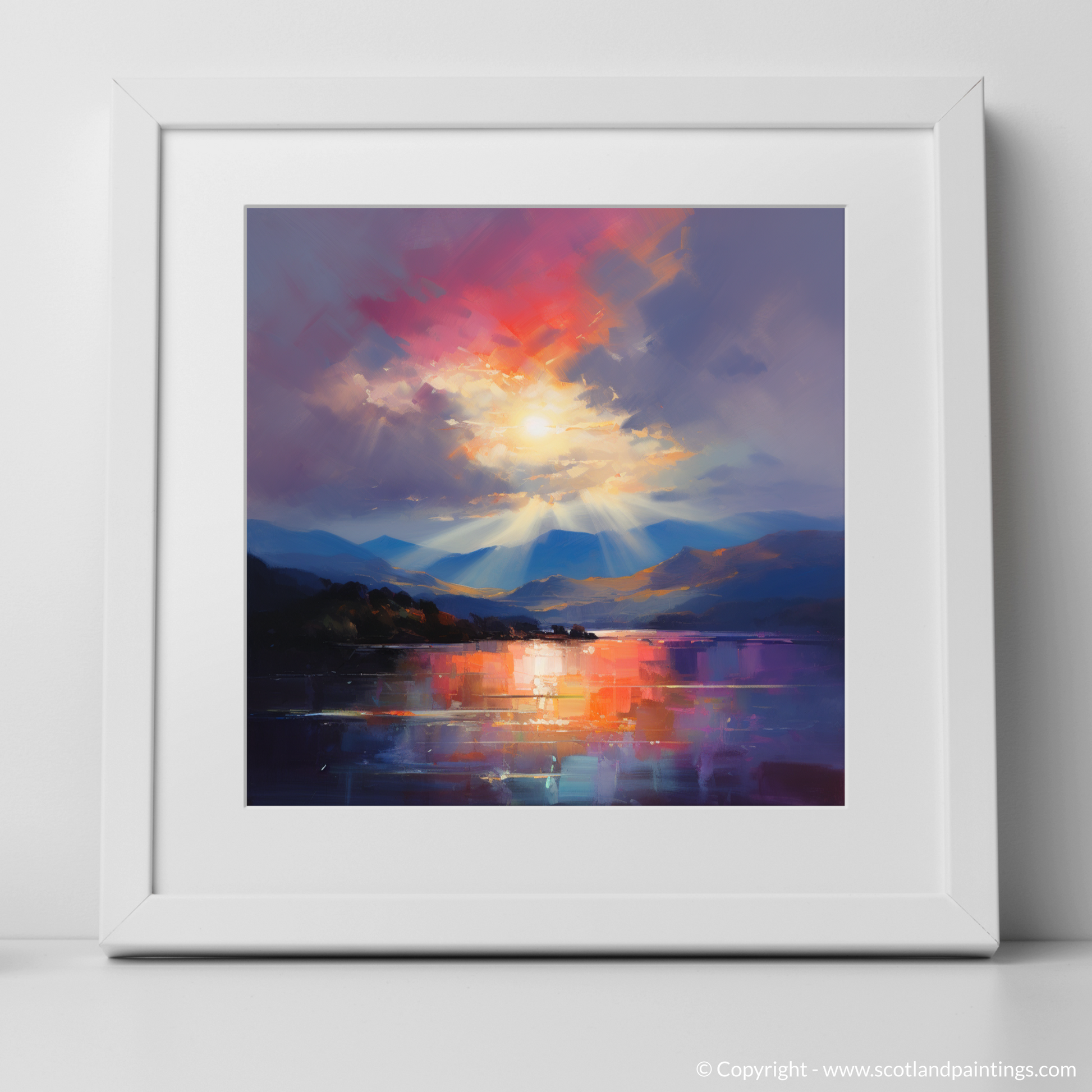 Art Print of Crepuscular rays above Loch Lomond with a white frame