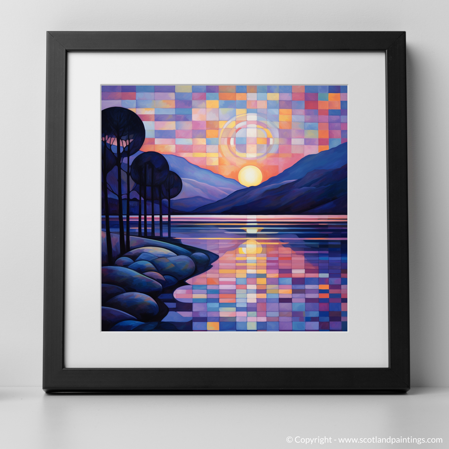 Painting and Art Print of Twilight reflections on Loch Lomond. Twilight Reflections: An Abstract Dance of Loch Lomond Colours.