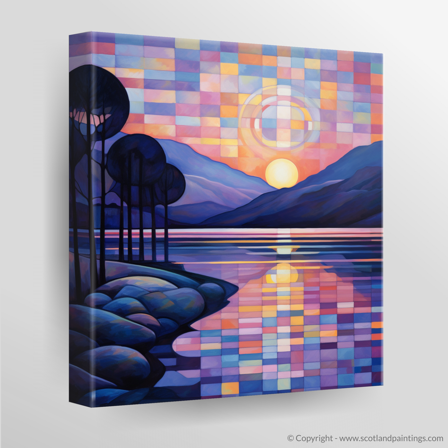 Painting and Art Print of Twilight reflections on Loch Lomond. Twilight Reflections: An Abstract Dance of Loch Lomond Colours.