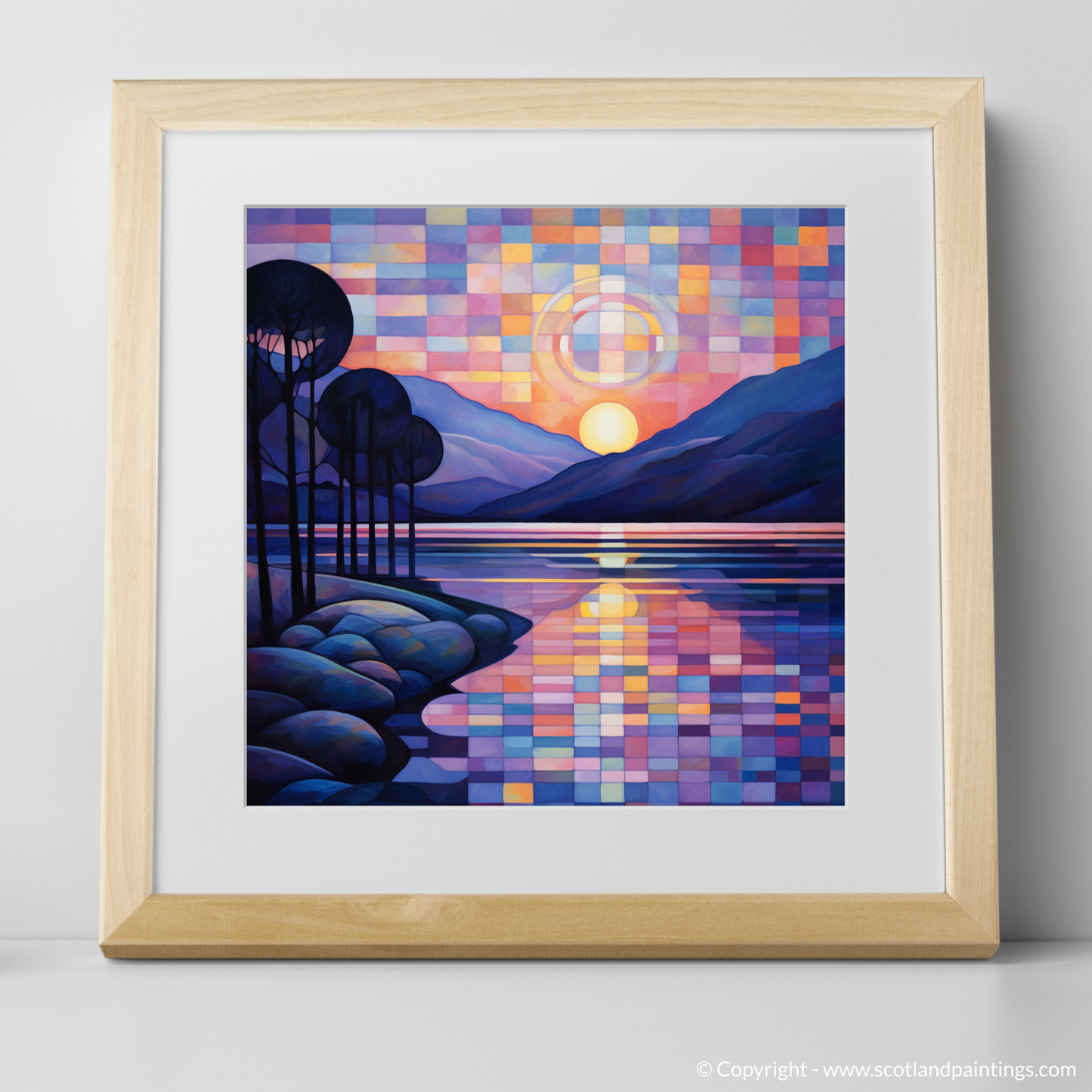 Painting and Art Print of Twilight reflections on Loch Lomond. Twilight Reflections: An Abstract Dance of Loch Lomond Colours.