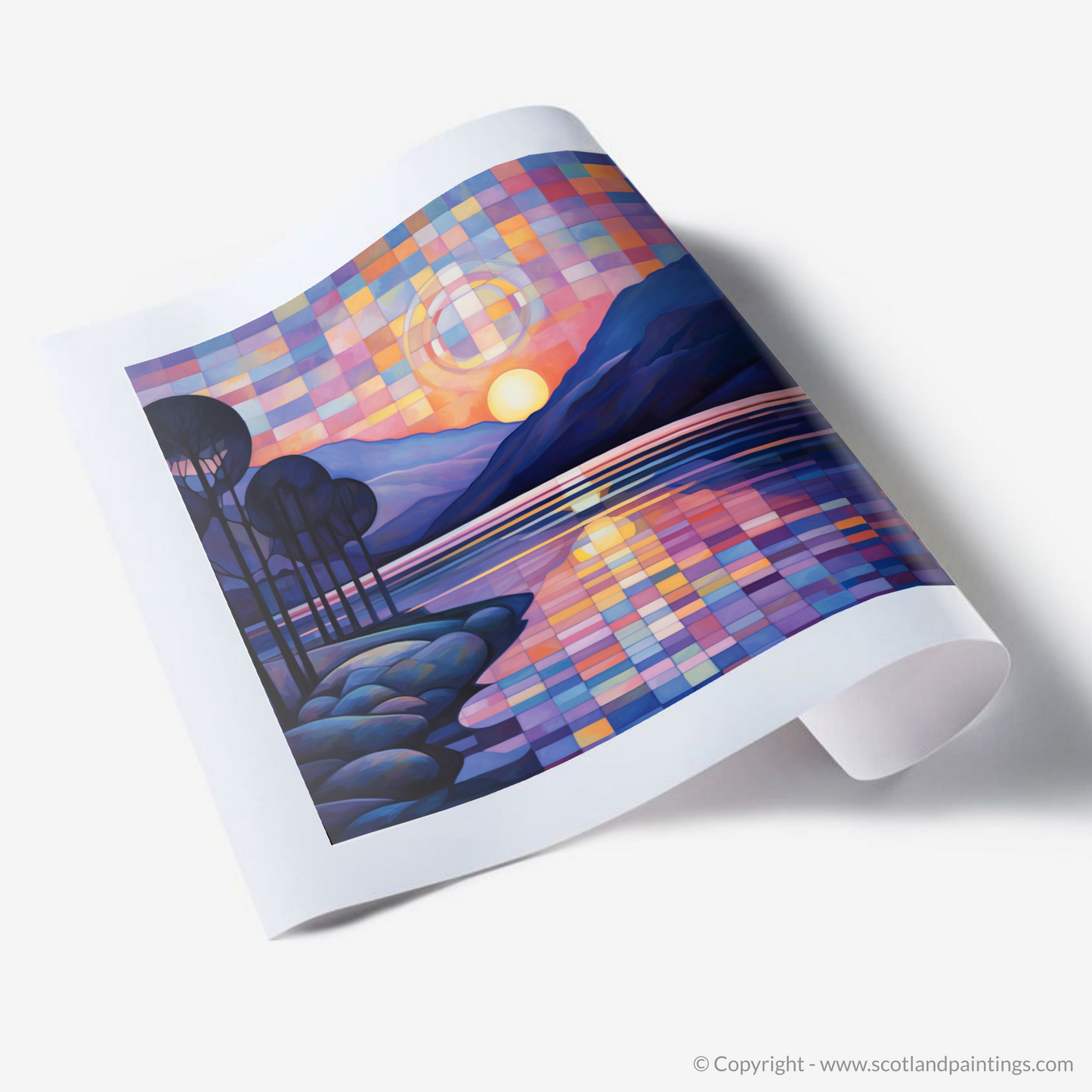 Painting and Art Print of Twilight reflections on Loch Lomond. Twilight Reflections: An Abstract Dance of Loch Lomond Colours.