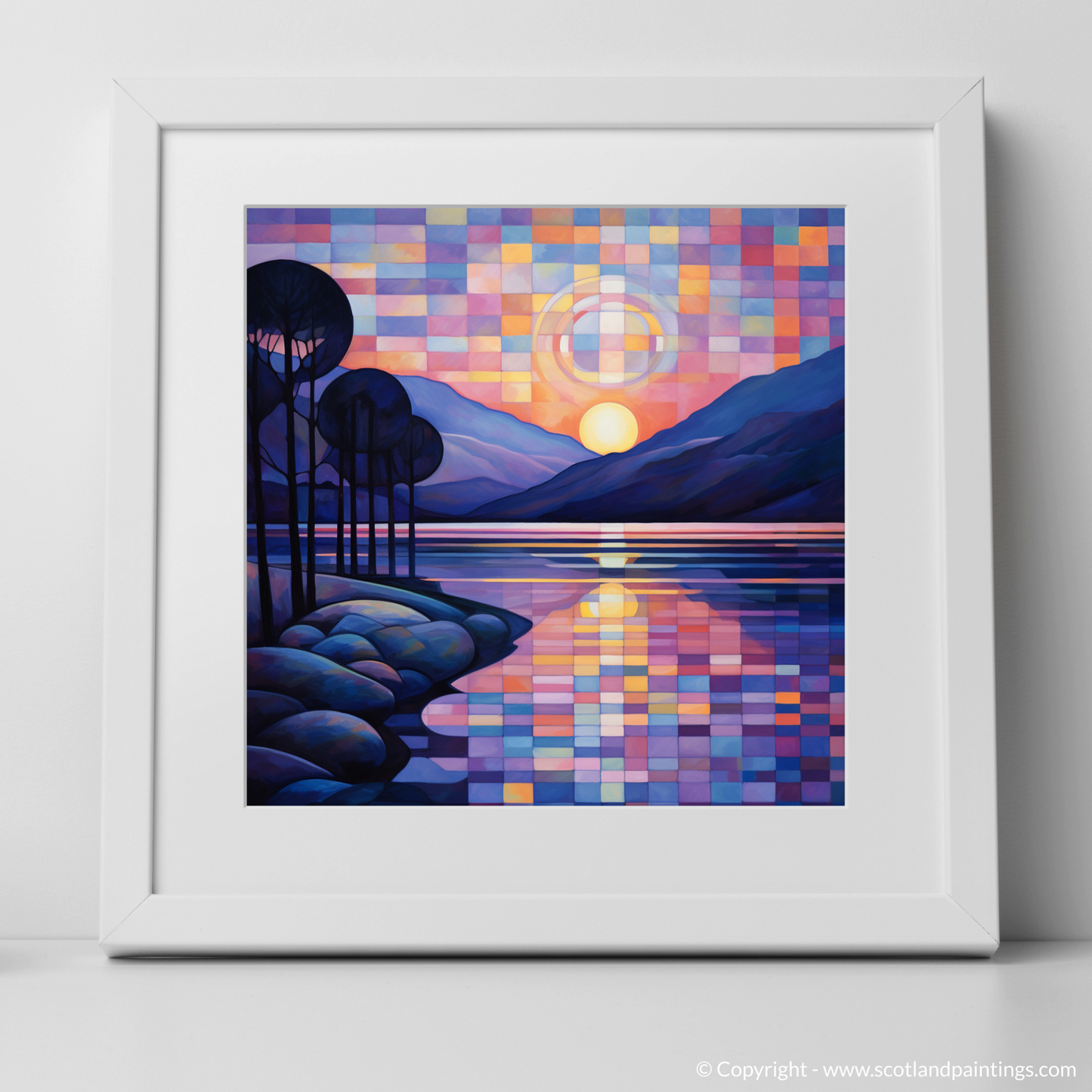 Painting and Art Print of Twilight reflections on Loch Lomond. Twilight Reflections: An Abstract Dance of Loch Lomond Colours.