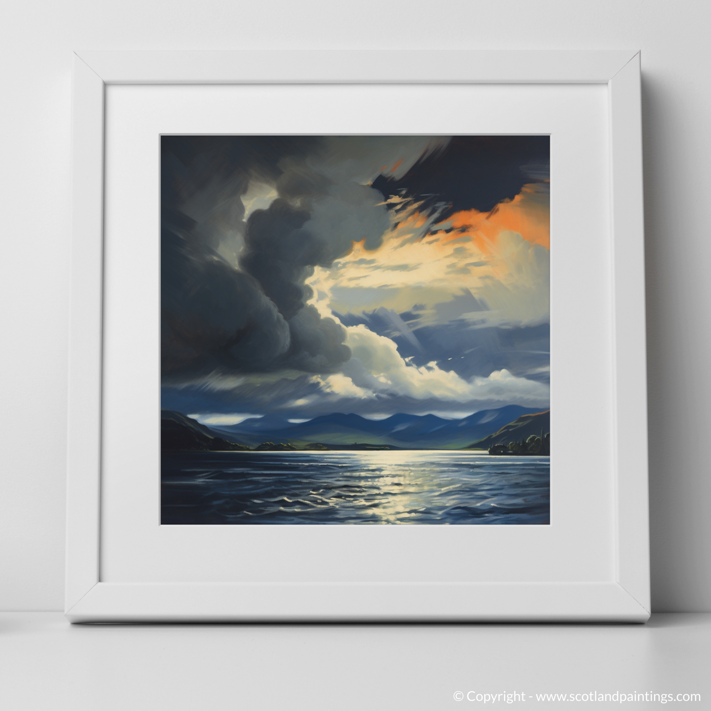 Art Print of Storm clouds above Loch Lomond with a white frame