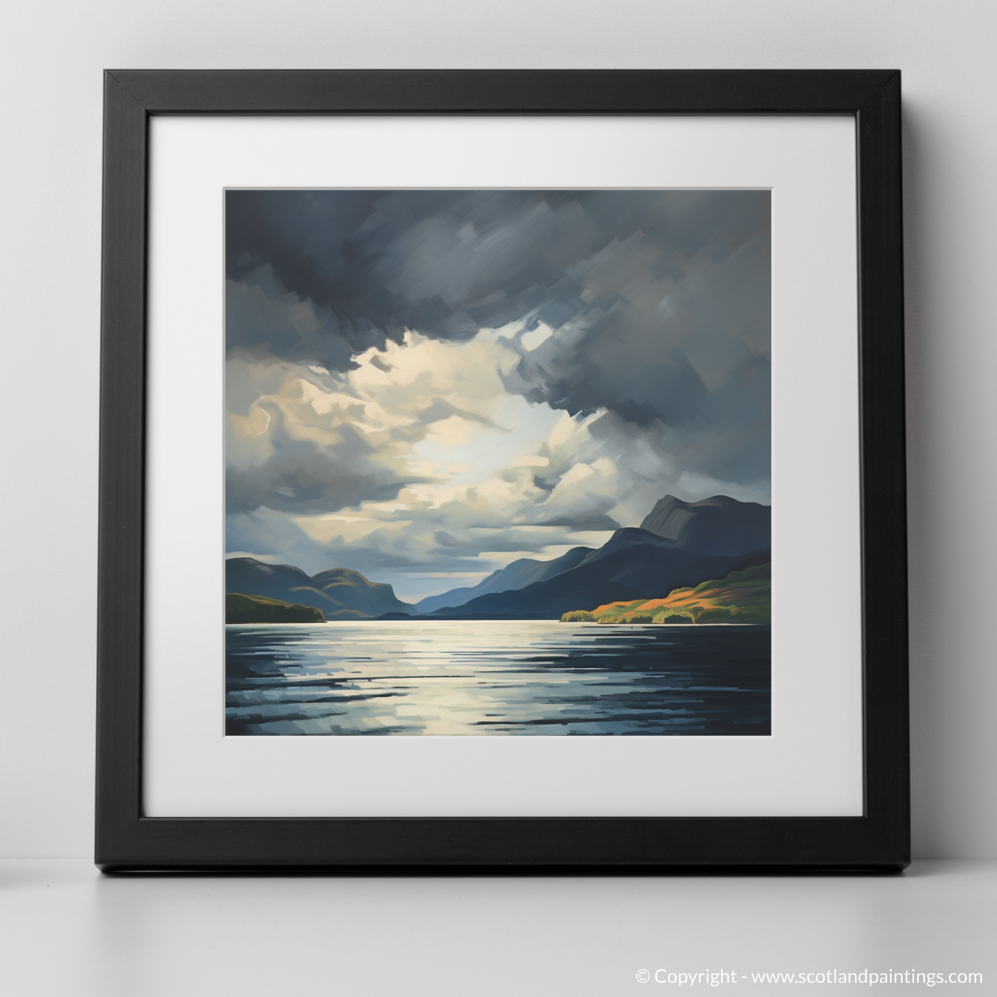 Art Print of Storm clouds above Loch Lomond with a black frame