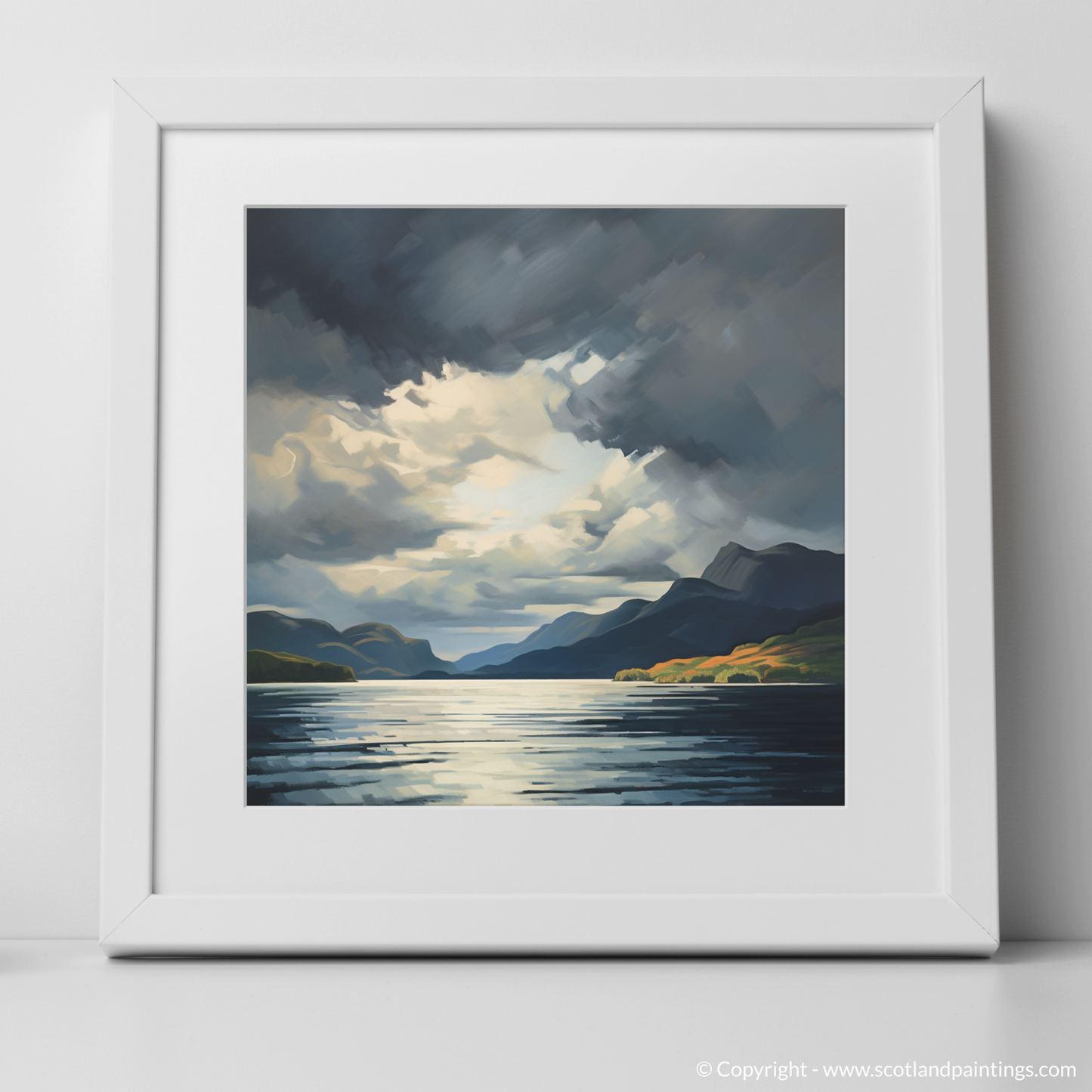 Art Print of Storm clouds above Loch Lomond with a white frame