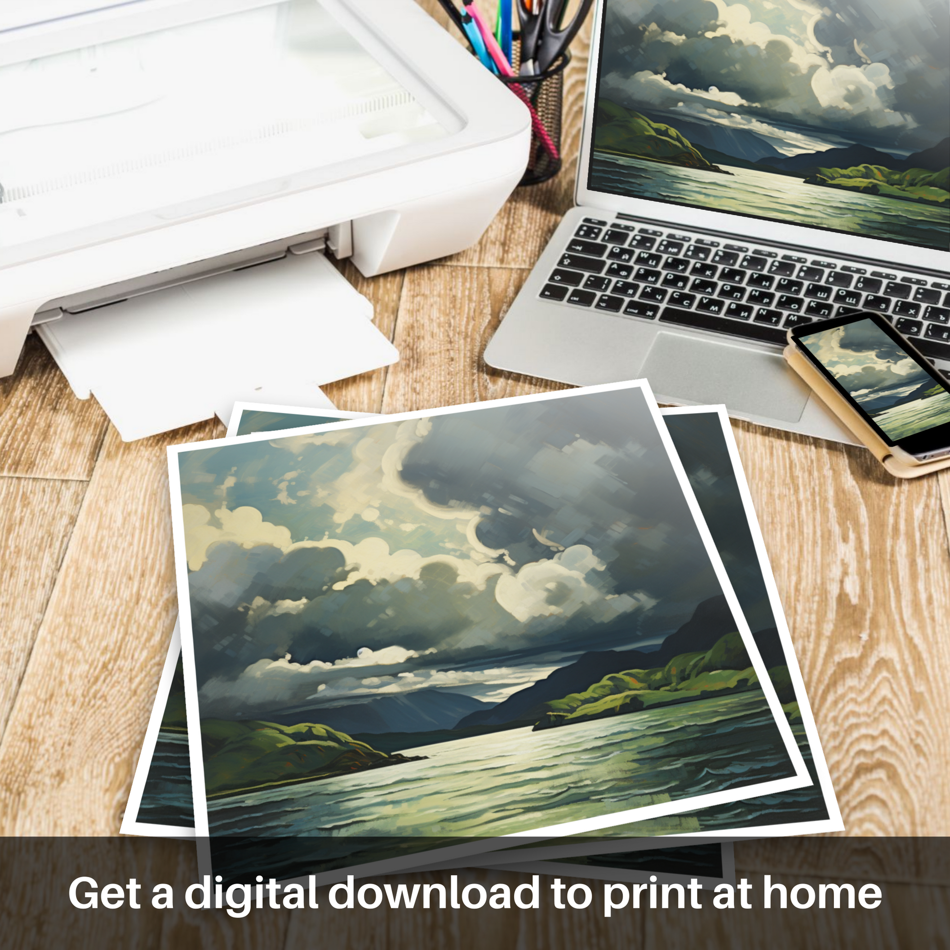 Downloadable and printable picture of Storm clouds above Loch Lomond