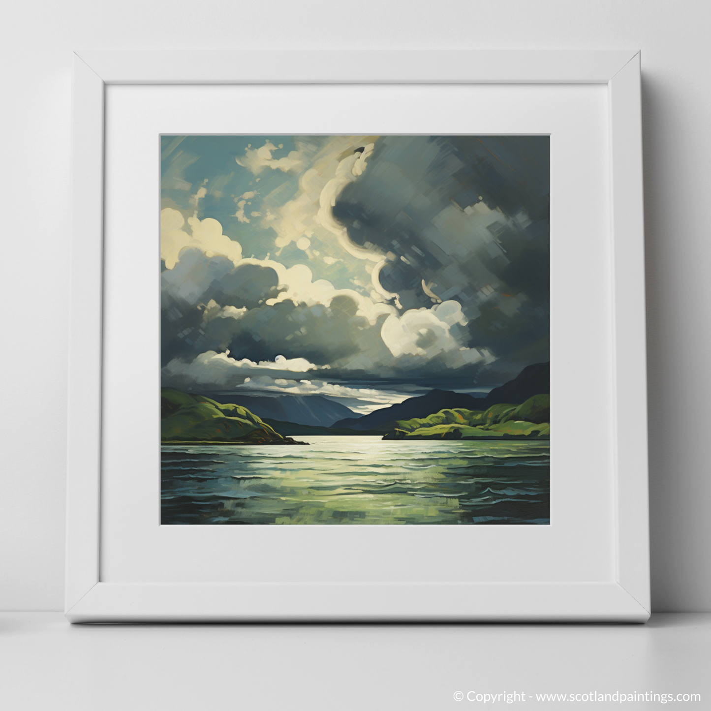 Art Print of Storm clouds above Loch Lomond with a white frame