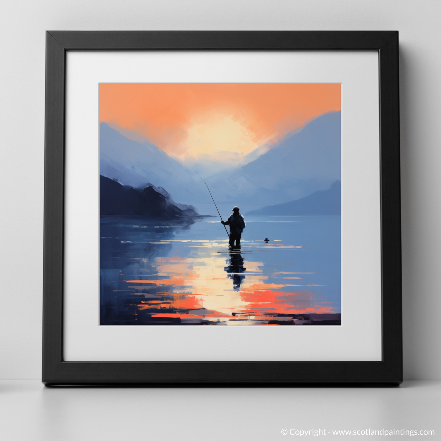 Art Print of Silhouetted fisherman on Loch Lomond with a black frame