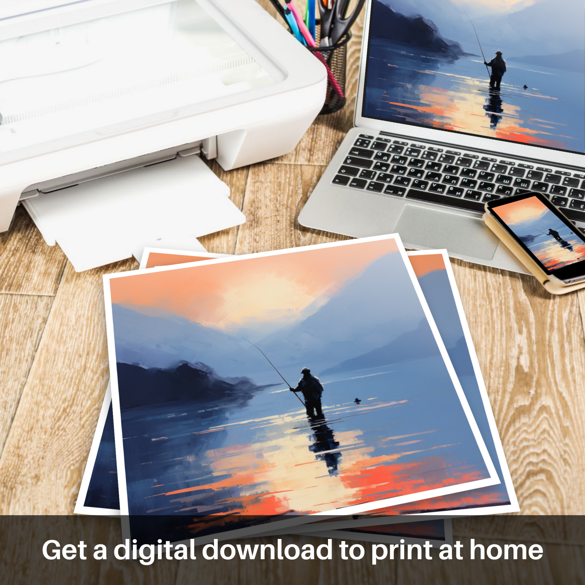 Downloadable and printable picture of Silhouetted fisherman on Loch Lomond