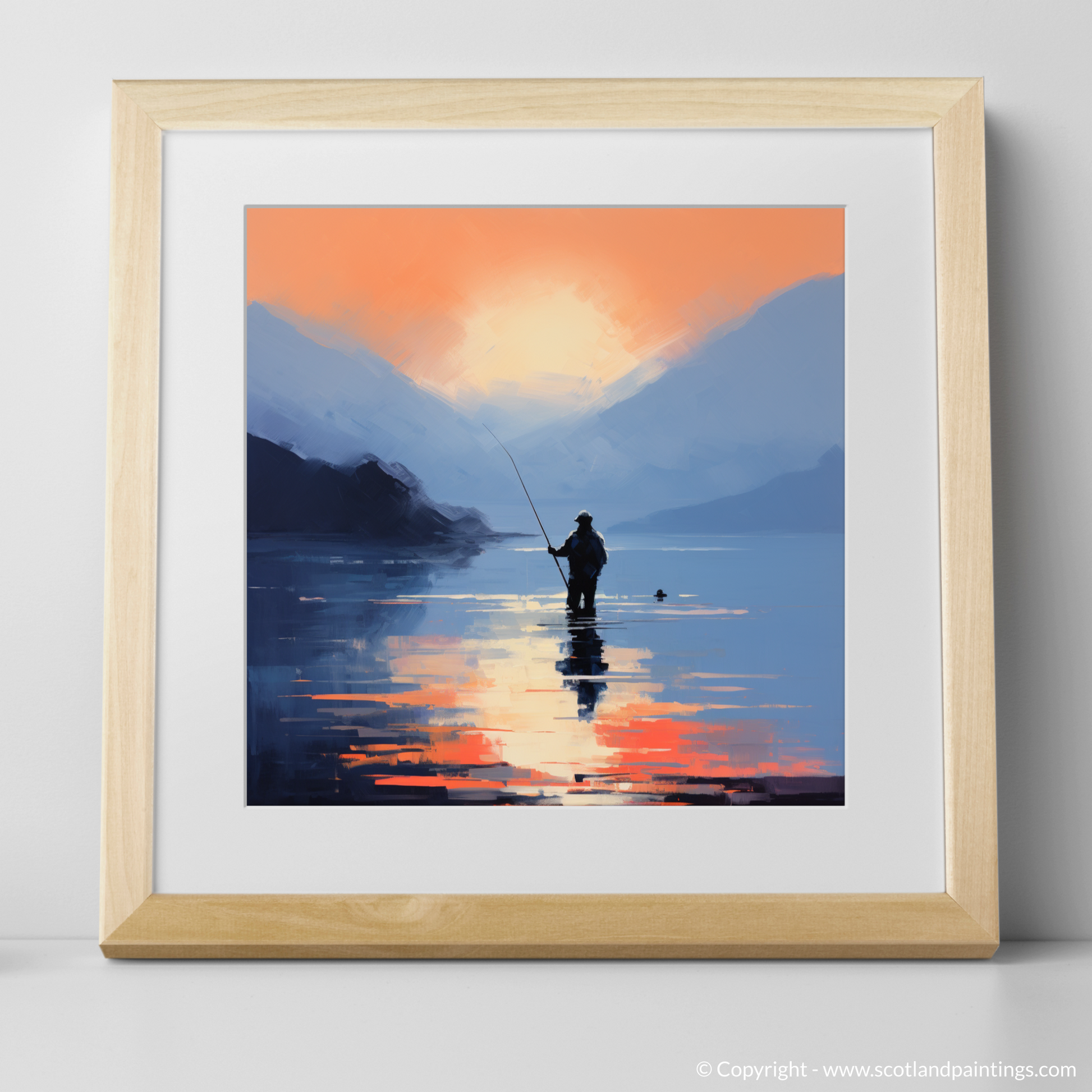 Art Print of Silhouetted fisherman on Loch Lomond with a natural frame