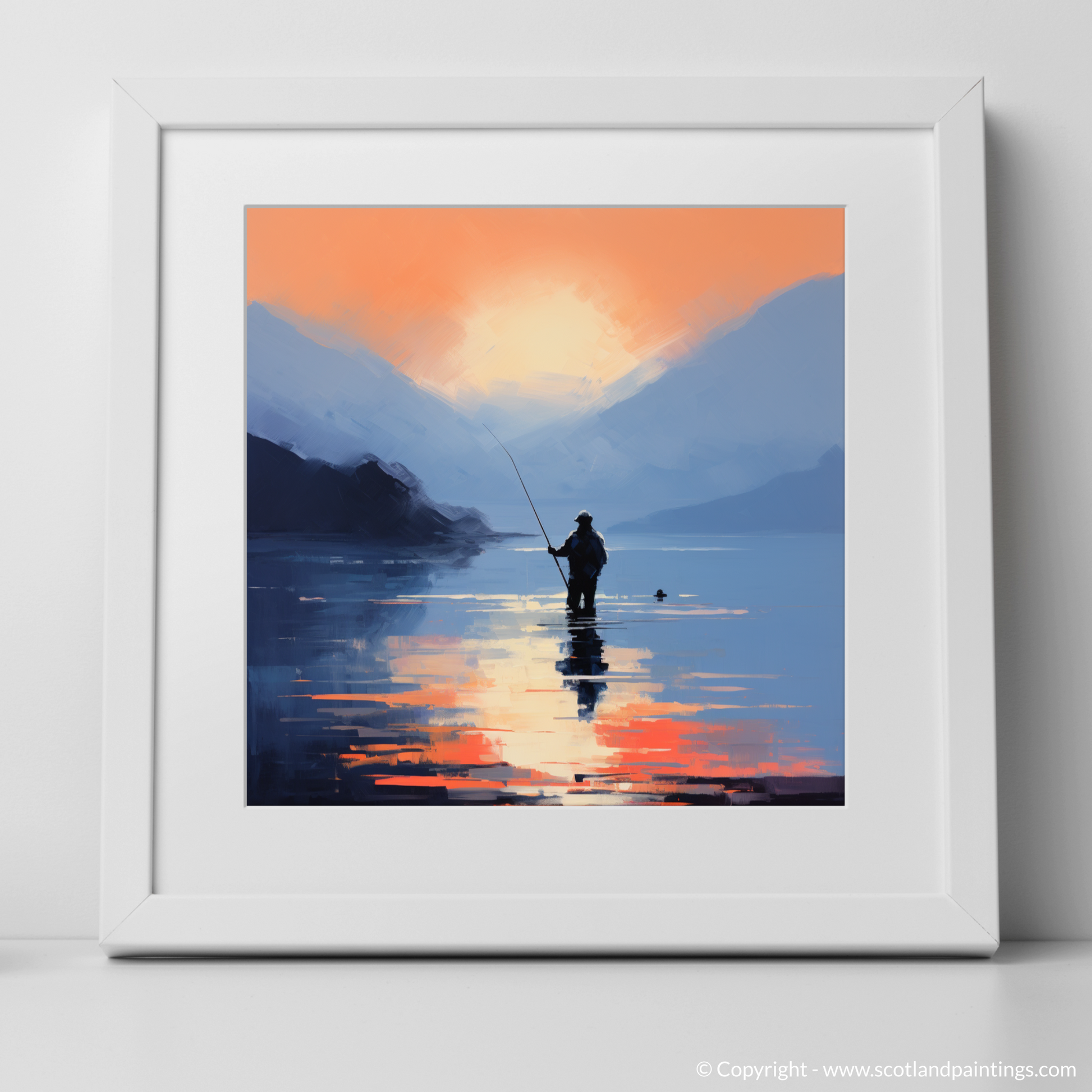 Art Print of Silhouetted fisherman on Loch Lomond with a white frame