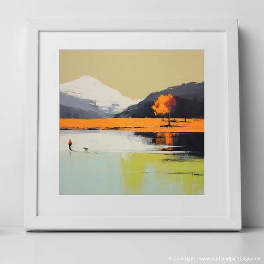 Art Print of A man walking dog at the side of Loch Lomond with a white frame