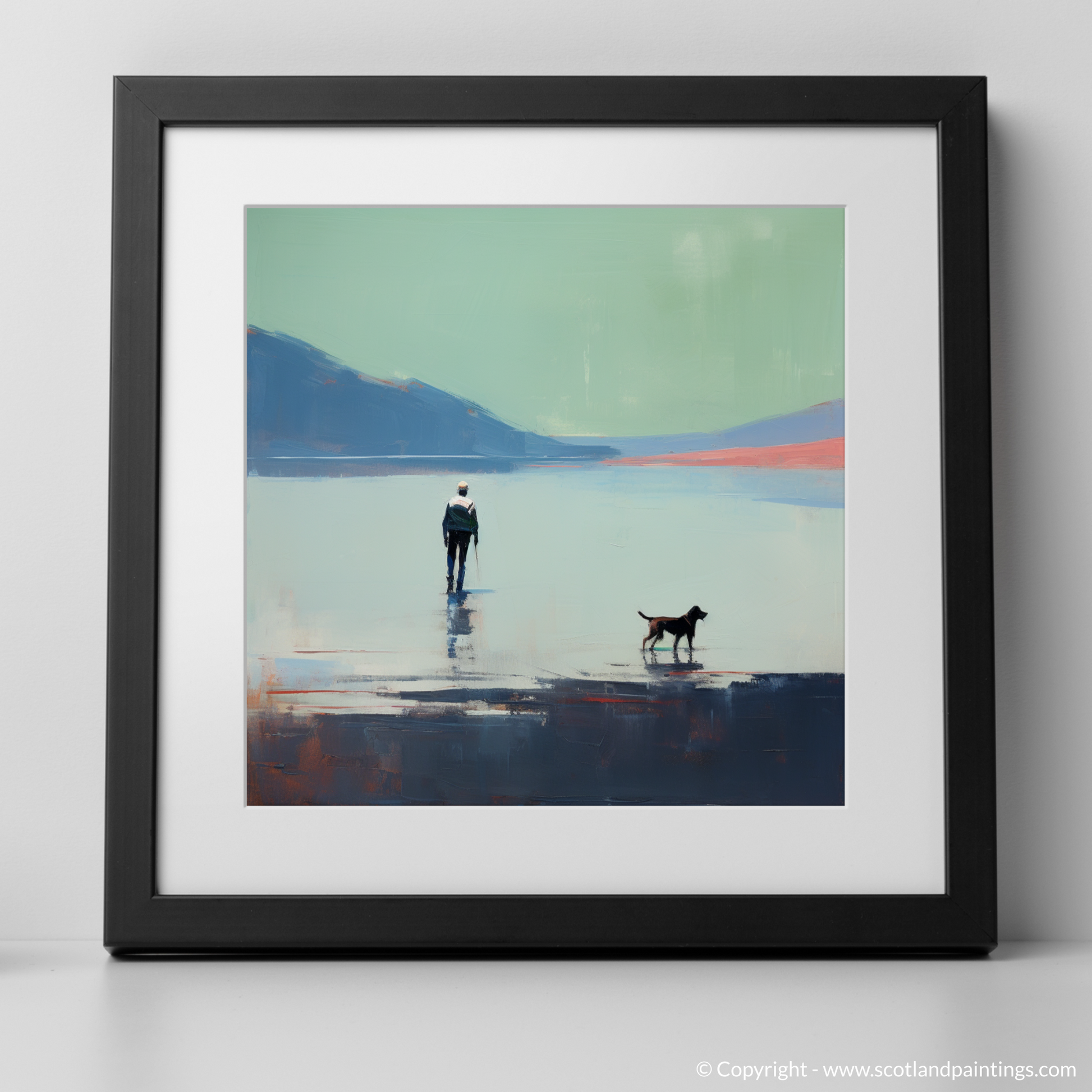 Art Print of A man walking dog at the side of Loch Lomond with a black frame