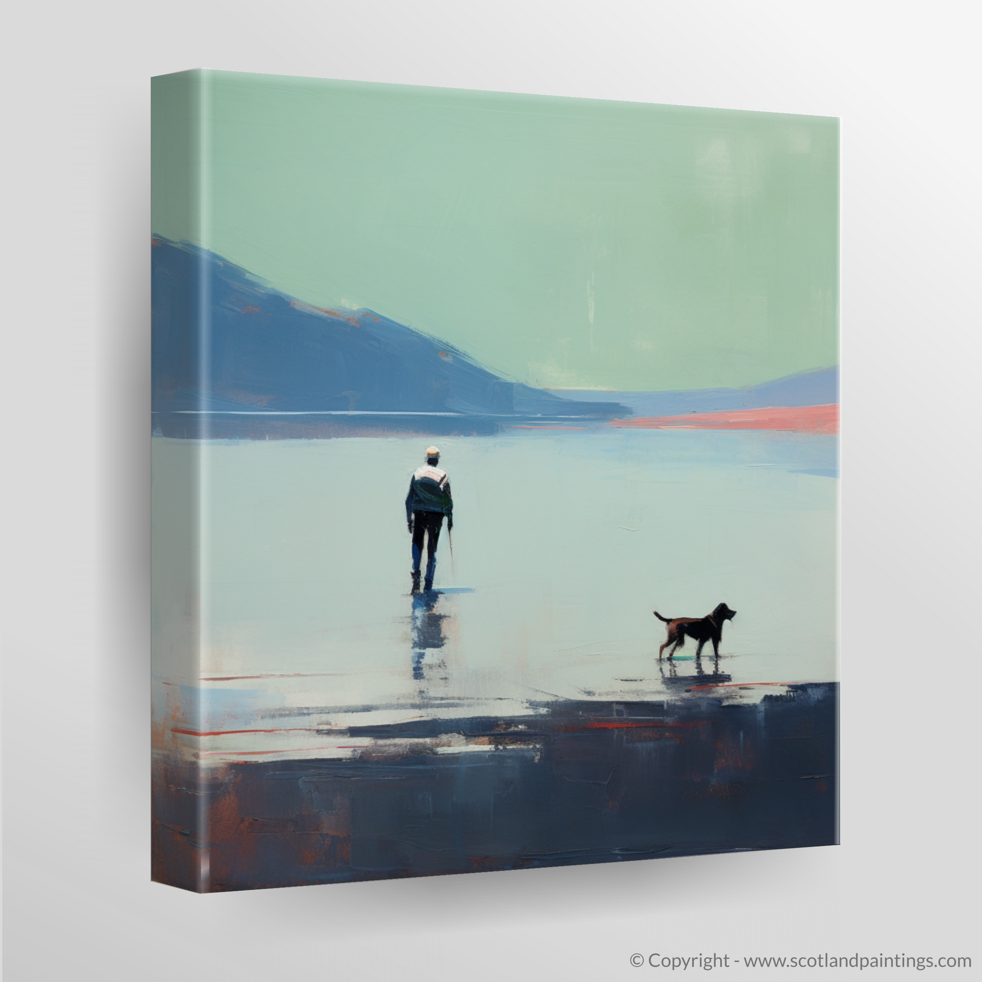 Canvas Print of A man walking dog at the side of Loch Lomond