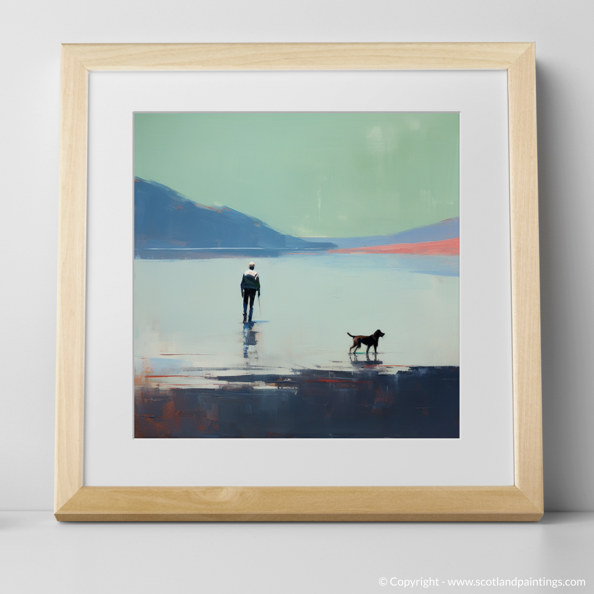 Art Print of A man walking dog at the side of Loch Lomond with a natural frame