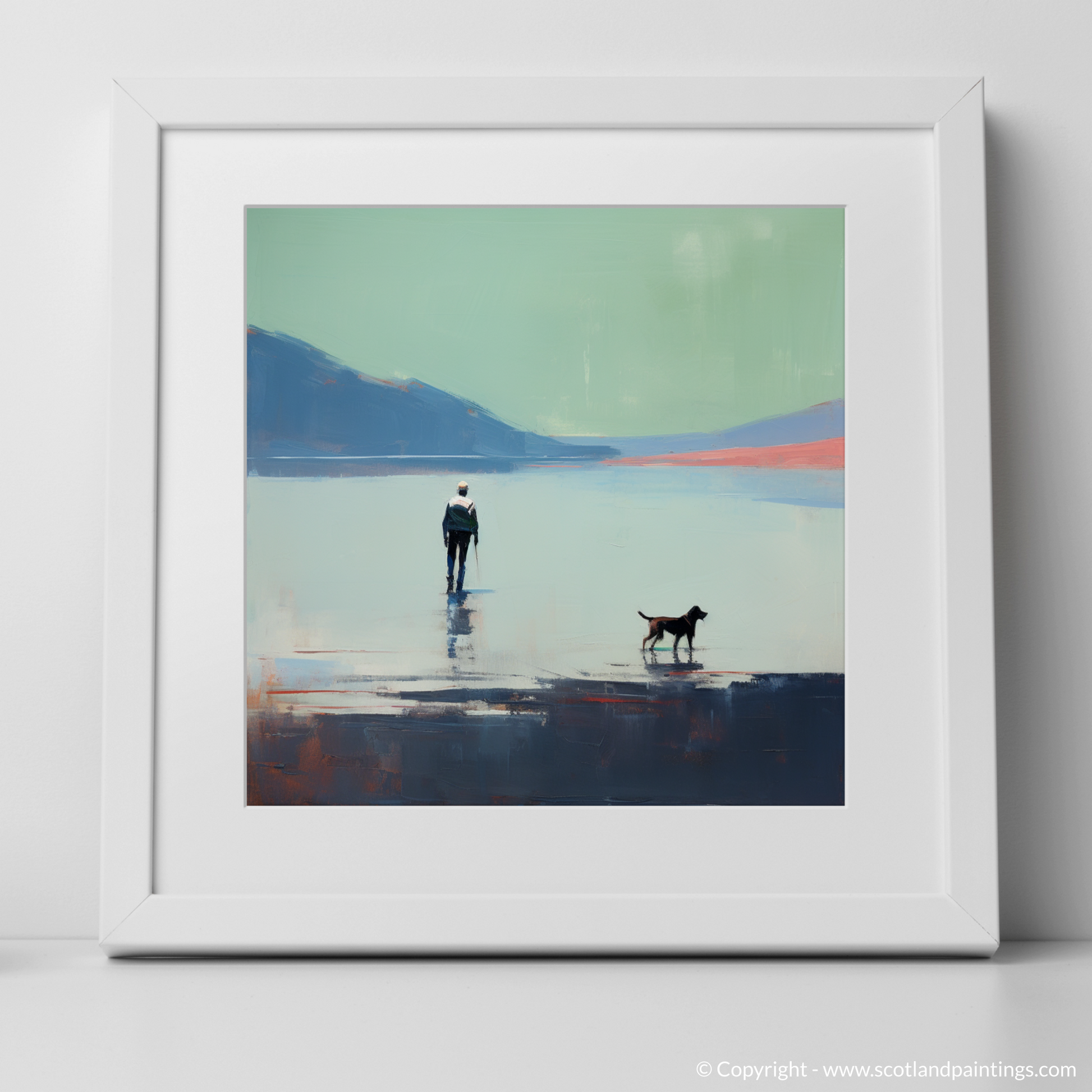 Art Print of A man walking dog at the side of Loch Lomond with a white frame