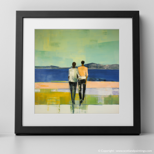 Art Print of A couple holding hands looking out on Loch Lomond with a black frame