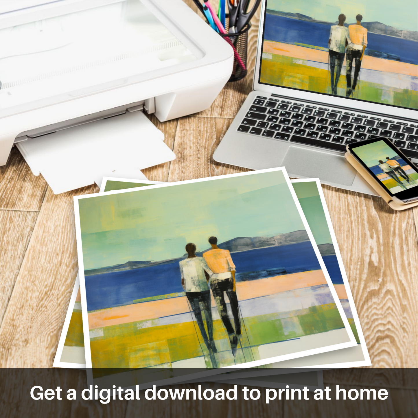 Downloadable and printable picture of A couple holding hands looking out on Loch Lomond