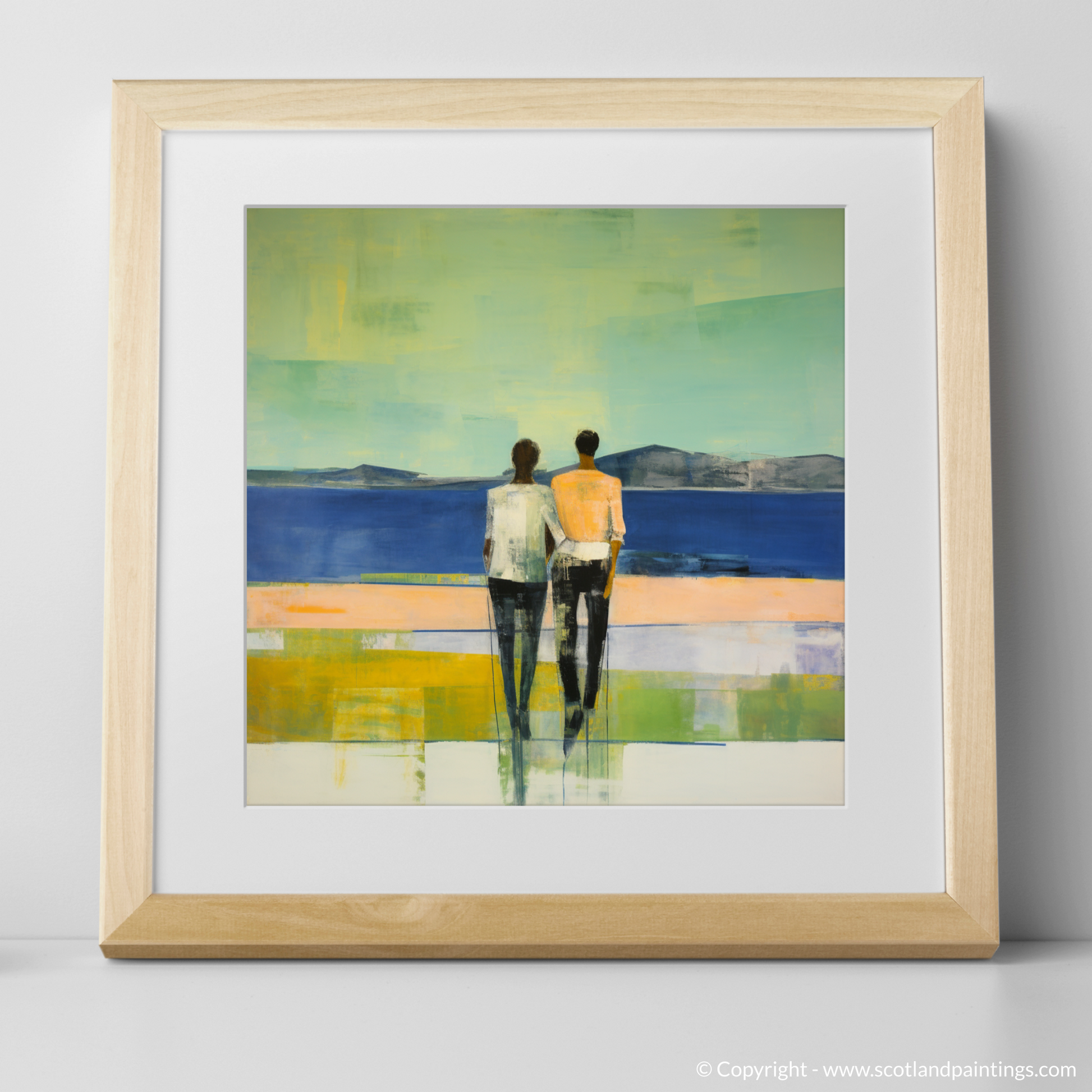 Art Print of A couple holding hands looking out on Loch Lomond with a natural frame