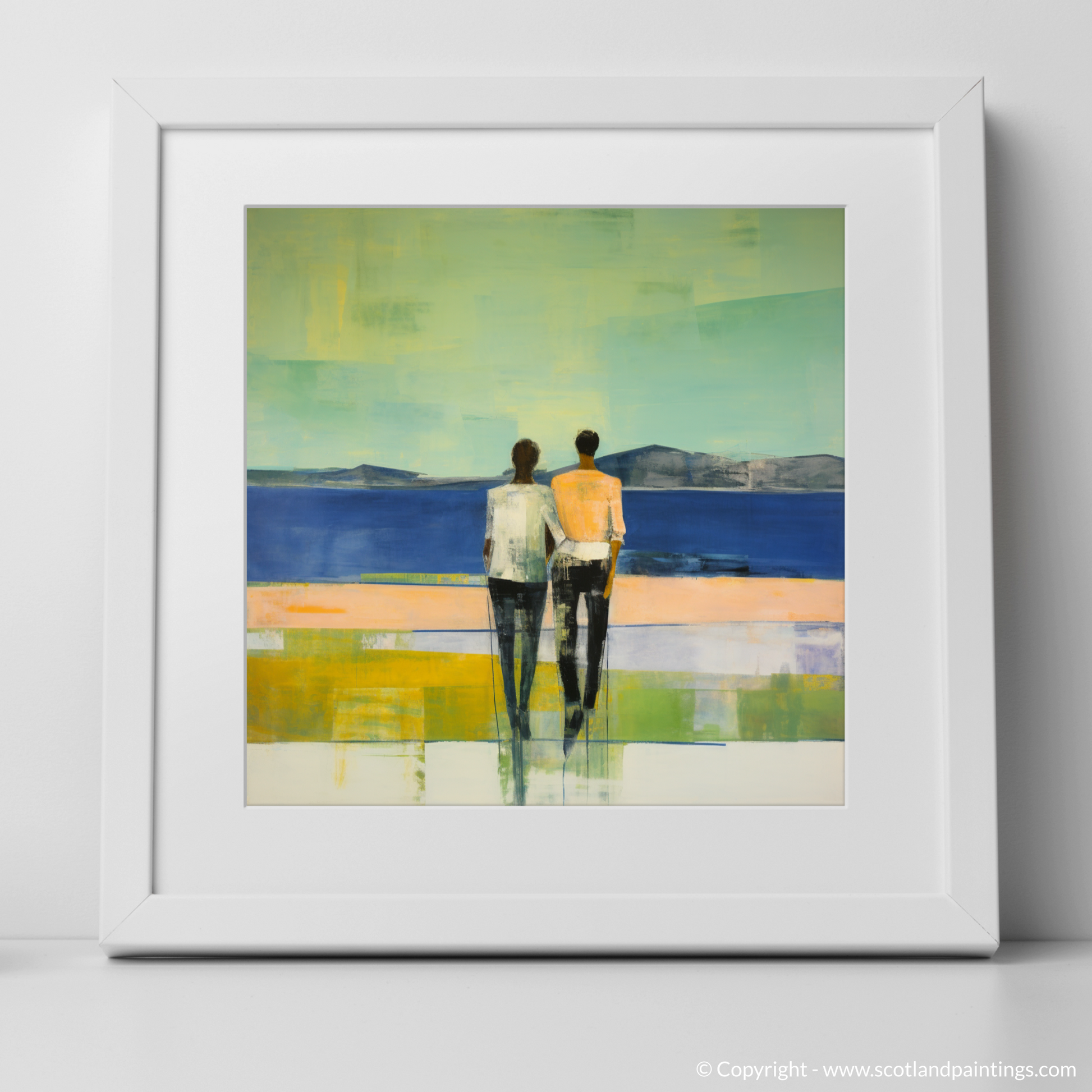 Art Print of A couple holding hands looking out on Loch Lomond with a white frame