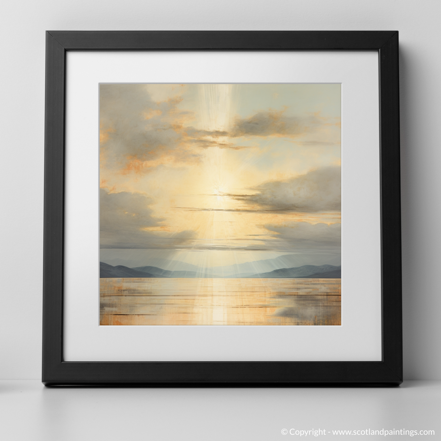 Art Print of Sun rays through clouds above Loch Lomond with a black frame