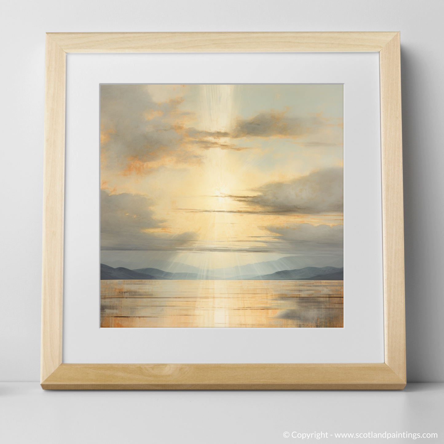 Art Print of Sun rays through clouds above Loch Lomond with a natural frame