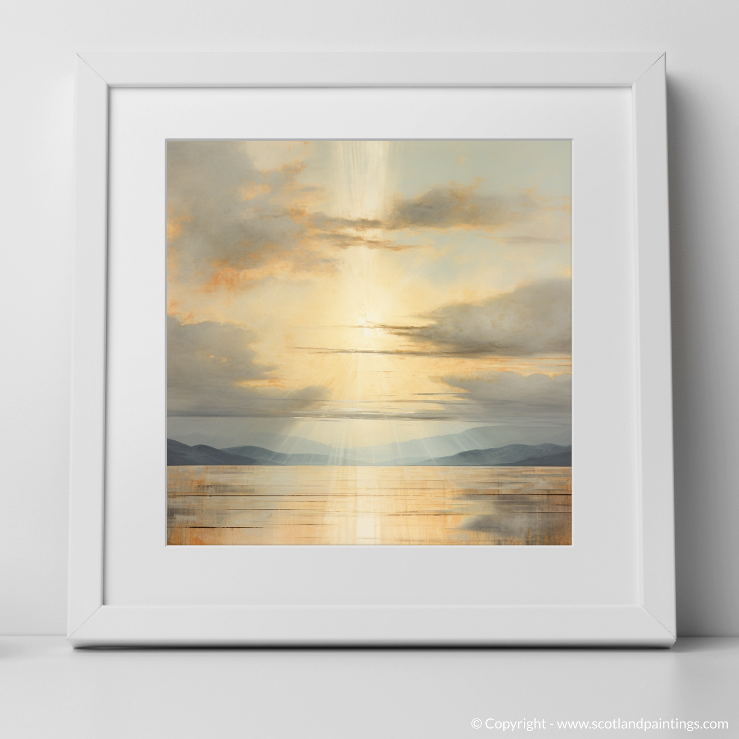 Art Print of Sun rays through clouds above Loch Lomond with a white frame