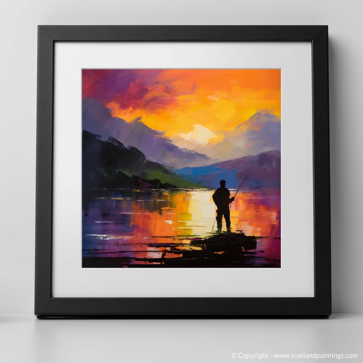 Painting and Art Print of Silhouetted fisherman on Loch Lomond. Silhouetted Fisherman at Twilight: An Abstract Expressionist Tribute to Loch Lomond.