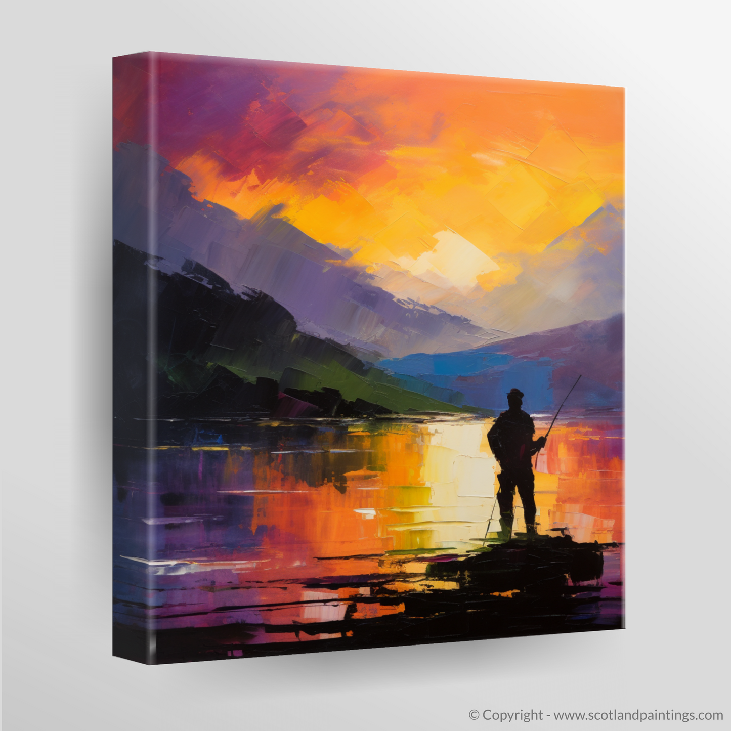 Painting and Art Print of Silhouetted fisherman on Loch Lomond. Silhouetted Fisherman at Twilight: An Abstract Expressionist Tribute to Loch Lomond.