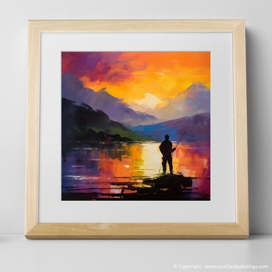 Painting and Art Print of Silhouetted fisherman on Loch Lomond. Silhouetted Fisherman at Twilight: An Abstract Expressionist Tribute to Loch Lomond.